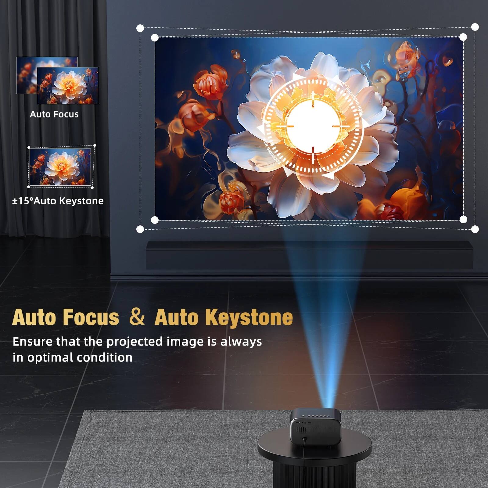 Auto Focus & Auto Keystone  
Ensure that the projected image is always in optimal condition  

Auto Focus  
±15° Auto Keystone