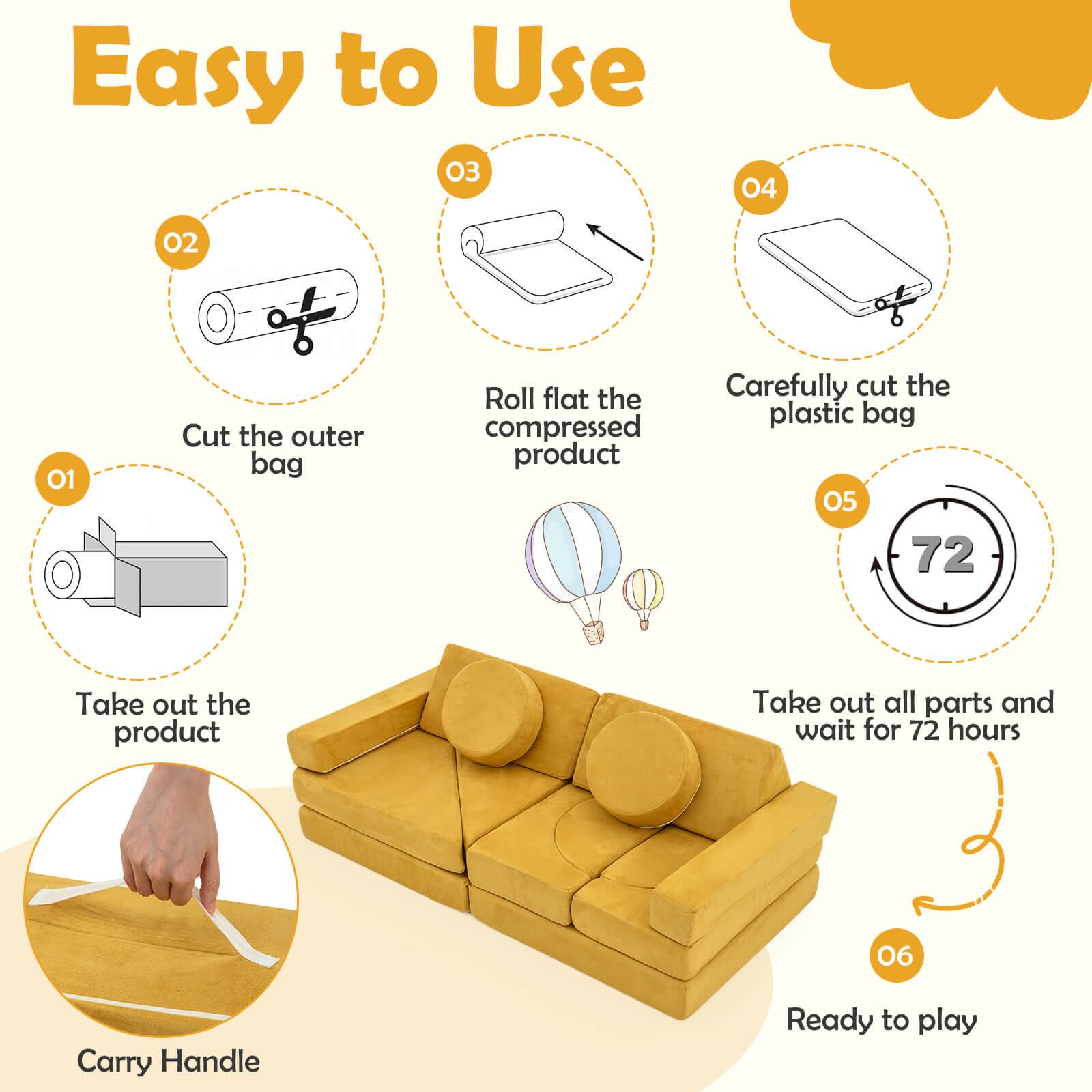 Easy to Use

01. Cut the outer bag
02. Roll flat the compressed product
03. Carefully cut the plastic bag
04. Take out the product
05. Take out all parts and wait for 72 hours
06. Carry Handle
07. Ready to play