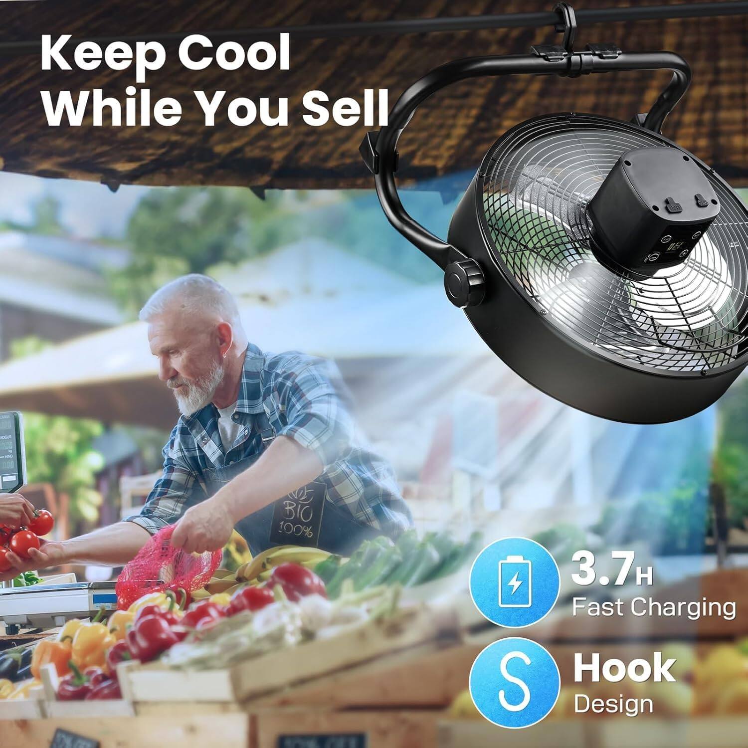 Keep Cool While You Sell

- BIO 100%
- 3.7H Fast Charging
- Hook Design