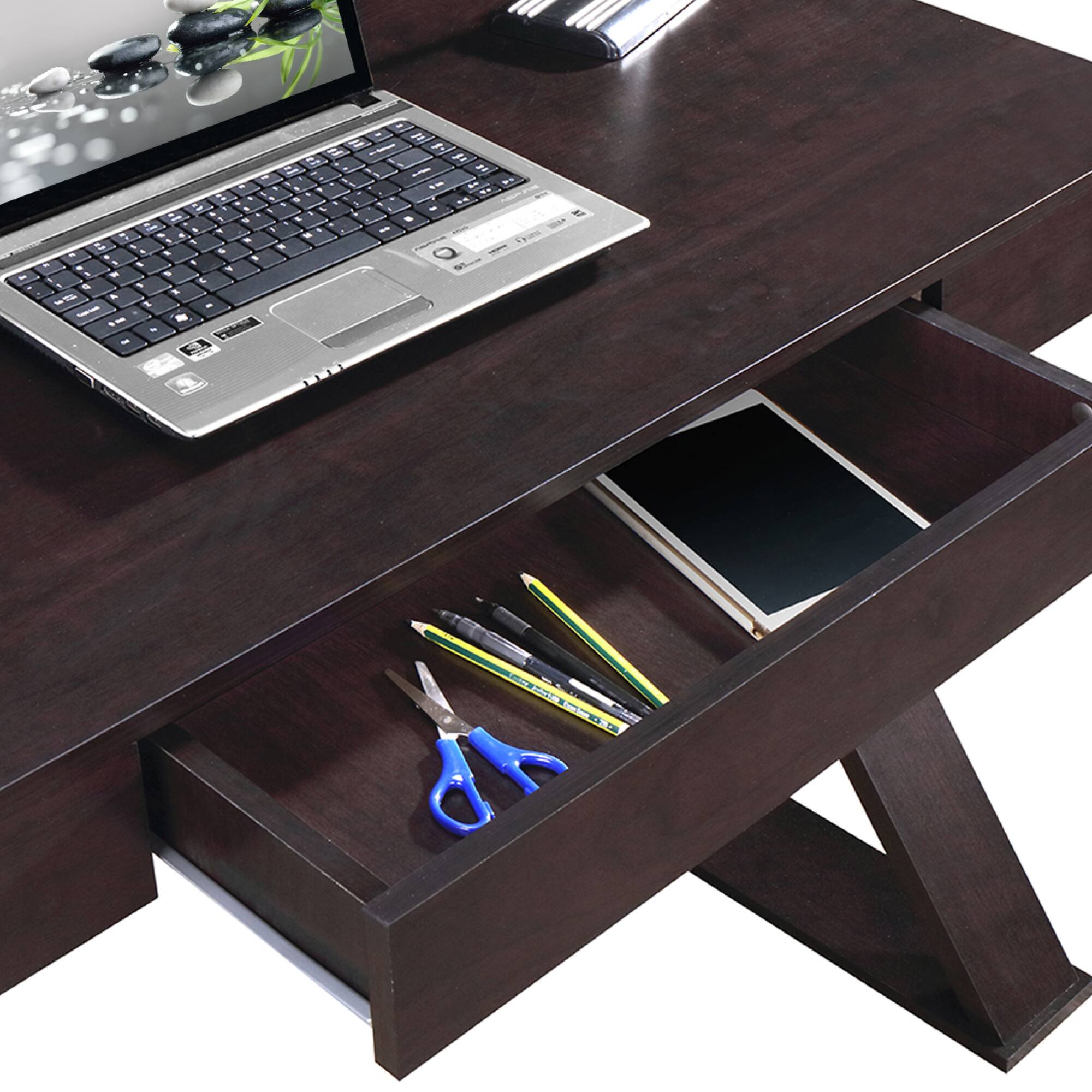 Alt View 4. GOODSILO - Modern Writing Desk with Storage Drawer and Sturdy X-Shaped Legs for Home Office - Espresso.