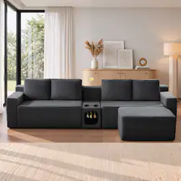 Meqiodas - 118" Corduroy Boneless Couch, Modular Sectional Sofa, with 1 Ottoman, Cat House Design, Storage & Cup Holders - Black