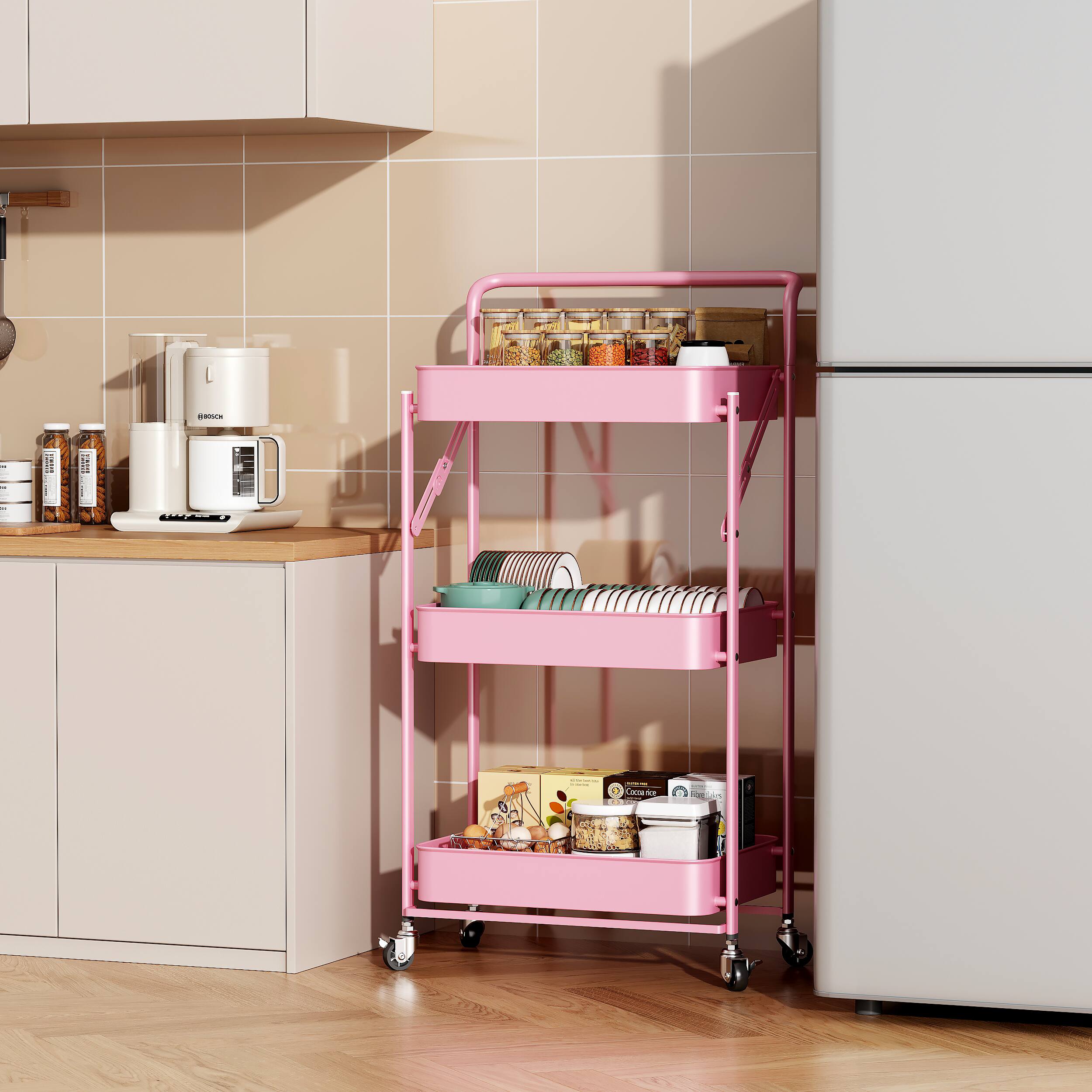 Left. Malletson - 3-Tier Foldable Rolling Cart, Storage Rack with Handle Multi-Purpose and Locking Wheels for Office, Kitchen, Bathroom - PINK.
