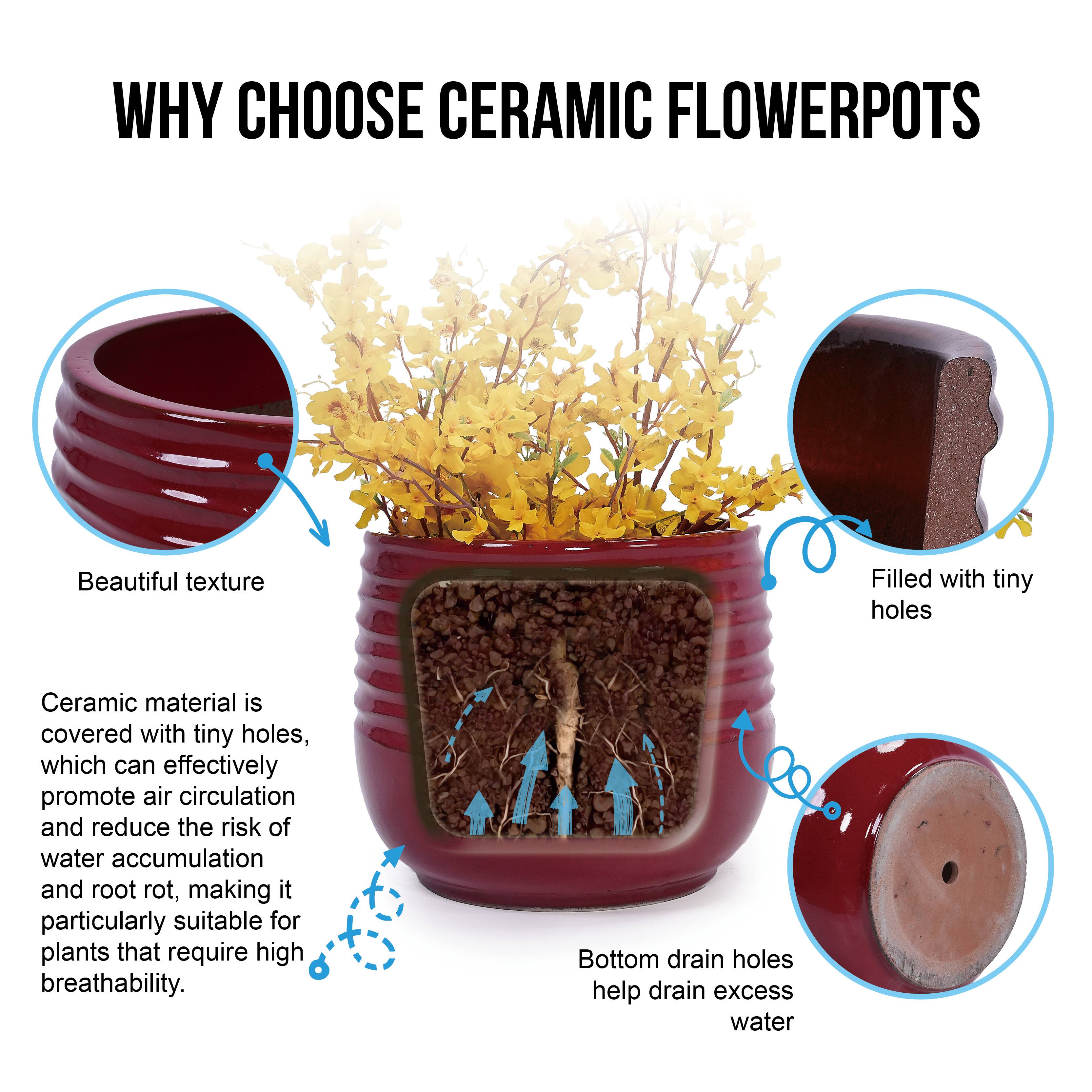 WHY CHOOSE CERAMIC FLOWER POTS

Beautiful texture

Ceramic material is covered with tiny holes, which can effectively promote air circulation and reduce the risk of water accumulation and root rot, making it particularly suitable for plants that require high breathability.

Filled with tiny holes

Bottom drain holes help drain excess water