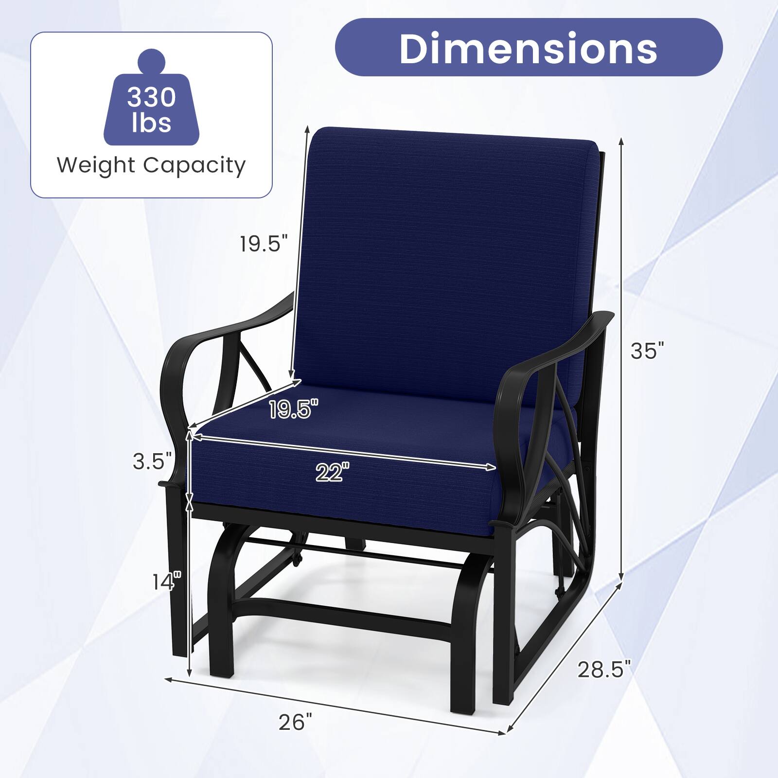 330 lbs Weight Capacity  
Dimensions: 19.5" x 35" x 19.5" x 3.5" x 22" x 14" x 28.5" x 26"