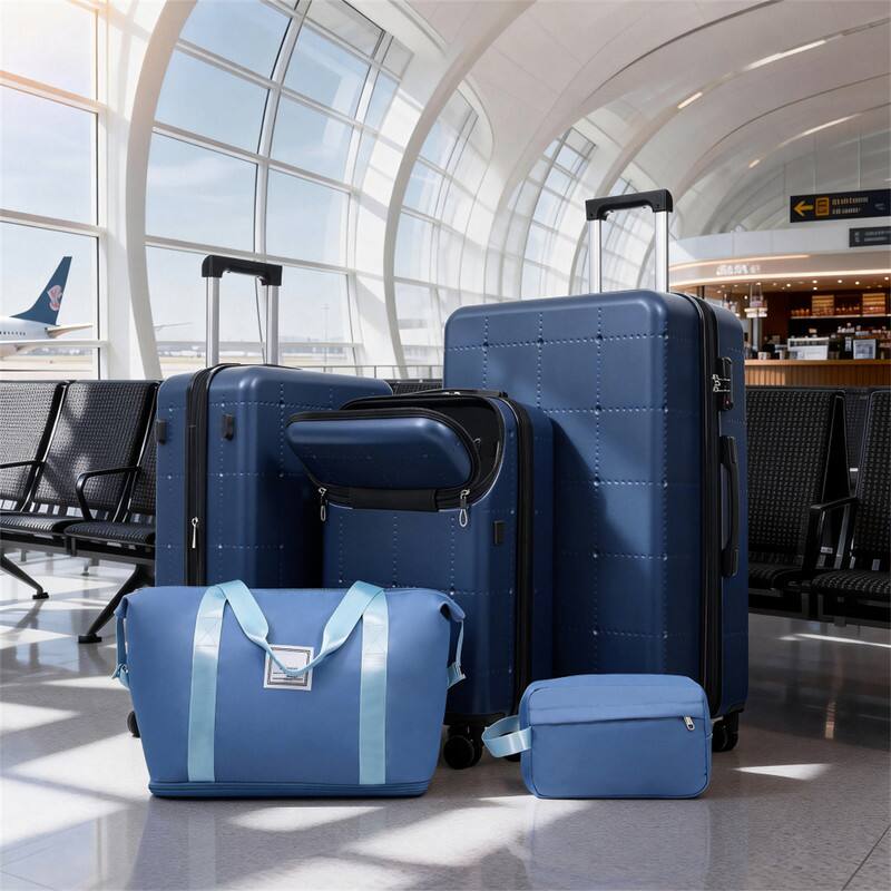 Alt View 6. HTUTWOO - Hardside Luggage - 5 Piece with Bags -20" Half-opening Carry on with USB Port,Expandable 24"/28",Spinner Wheels,TSA Lock - Blue.