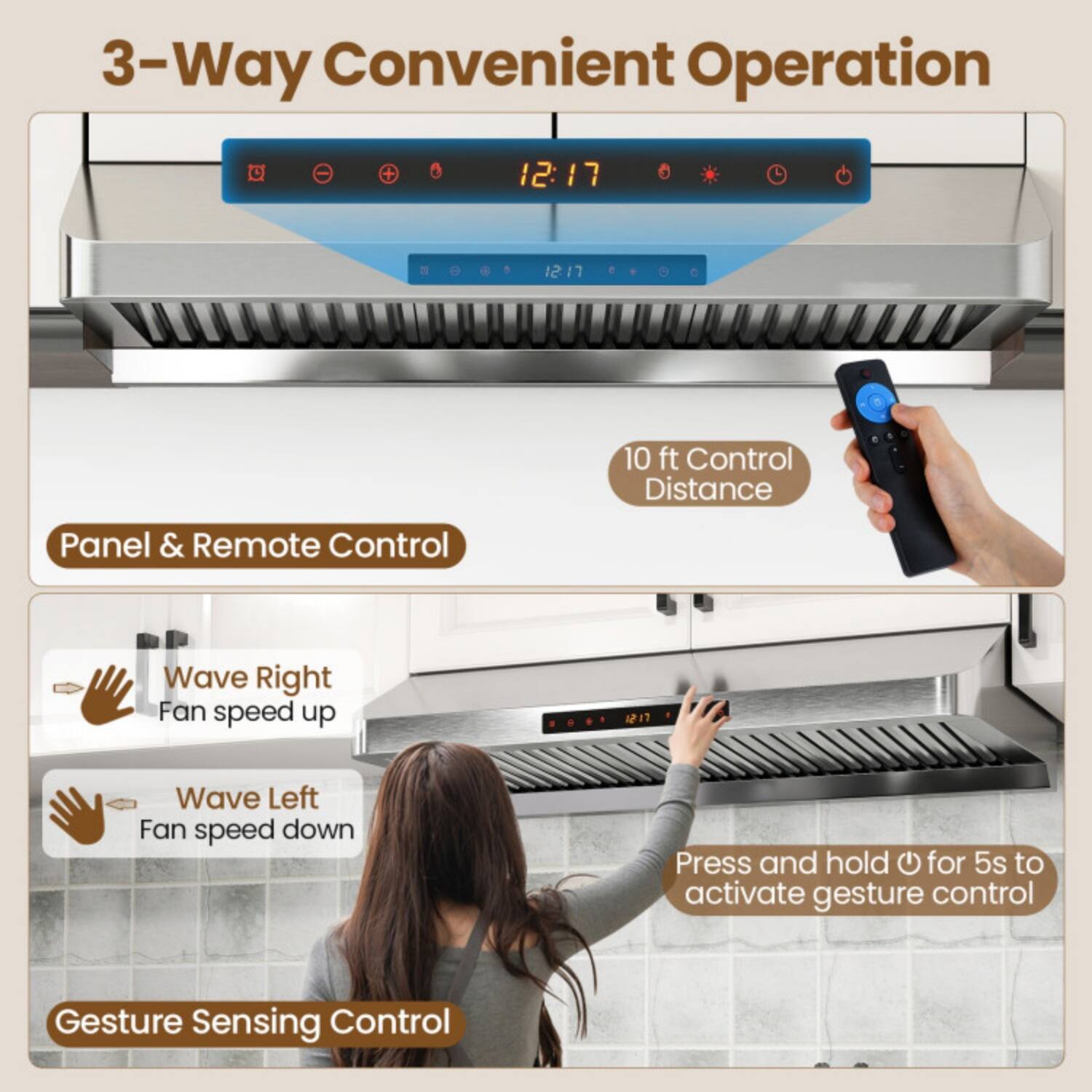 3-Way Convenient Operation

Panel & Remote Control
- 10 ft Control Distance

Gesture Sensing Control
- Wave Right: Fan speed up
- Wave Left: Fan speed down
- Press and hold for 5s to activate gesture control