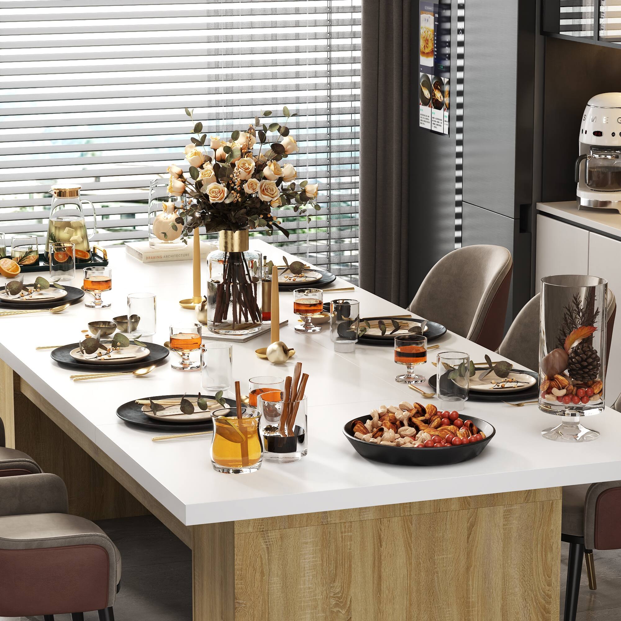 Alt View 6. FUFU & GAGA - Extra Large Dining Table for 8-10 People, Modern Rectangular Table with Sturdy Top, Ideal for Family Gatherings - White & Wooden.