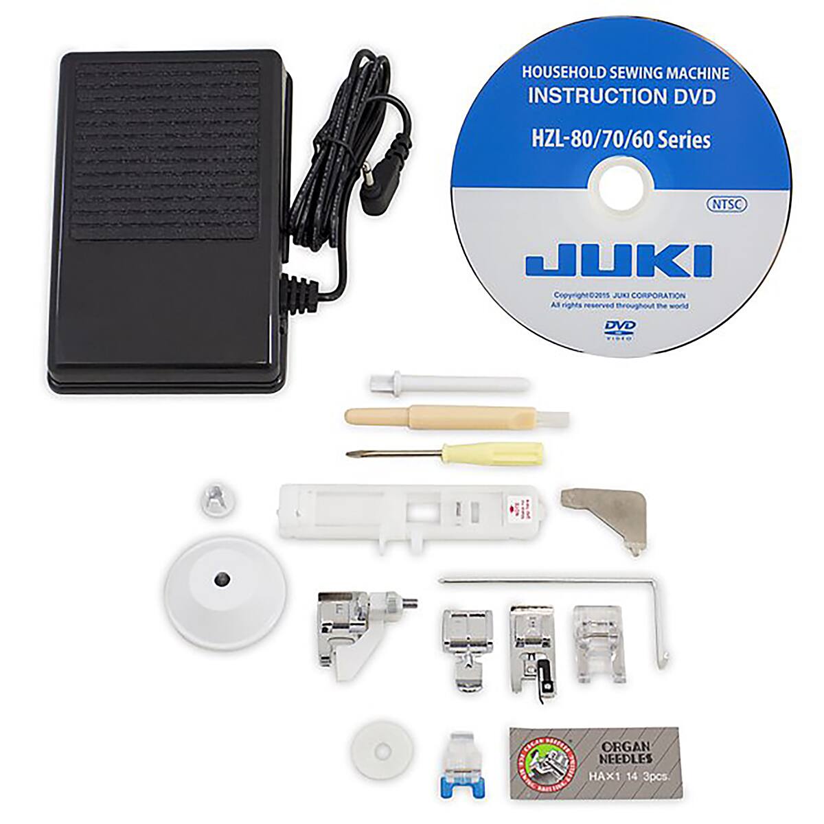 HOUSEHOLD SEWING MACHINE INSTRUCTION DVD  
HZL-80/70/60 Series  
NTSC  
JUKI  
Copyright 2015, JUKI CORPORATION  
All rights reserved throughout the world  

DVD  
ORGAN NEEDLES  
HA×1 14 3pcs.