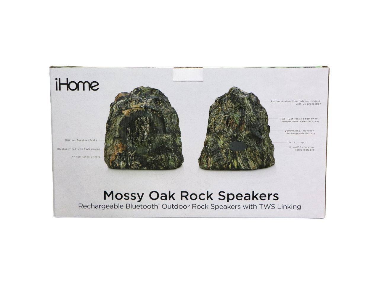 iHome Resonant-absorbing polymer cabinet with UV protection IPX5 Can resist a sustained low-pressure water jet spray 2000mAh Lithium-ion Rechargeable Battery 20W per Speaker (Peak) Bluetooth 5.0 with TWS Linking 4" Full Range Drivers Mossy Oak Rock Speakers Rechargeable Bluetooth Outdoor Rock Speakers with TWS Linking 1/8" Aux input MicroUSB charging cable included