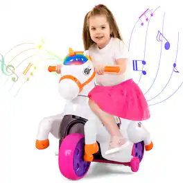 Gymax - 12V Kids Ride on Unicorn Toy w/ Training Wheels Music One-button Start & LED Power Display - Multicolor