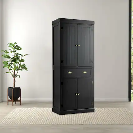 Front. Hivvago - Kitchen Storage Cupboard with Adjustable Shelves, Drawer, and Double Doors for Pantry Organization - Black.