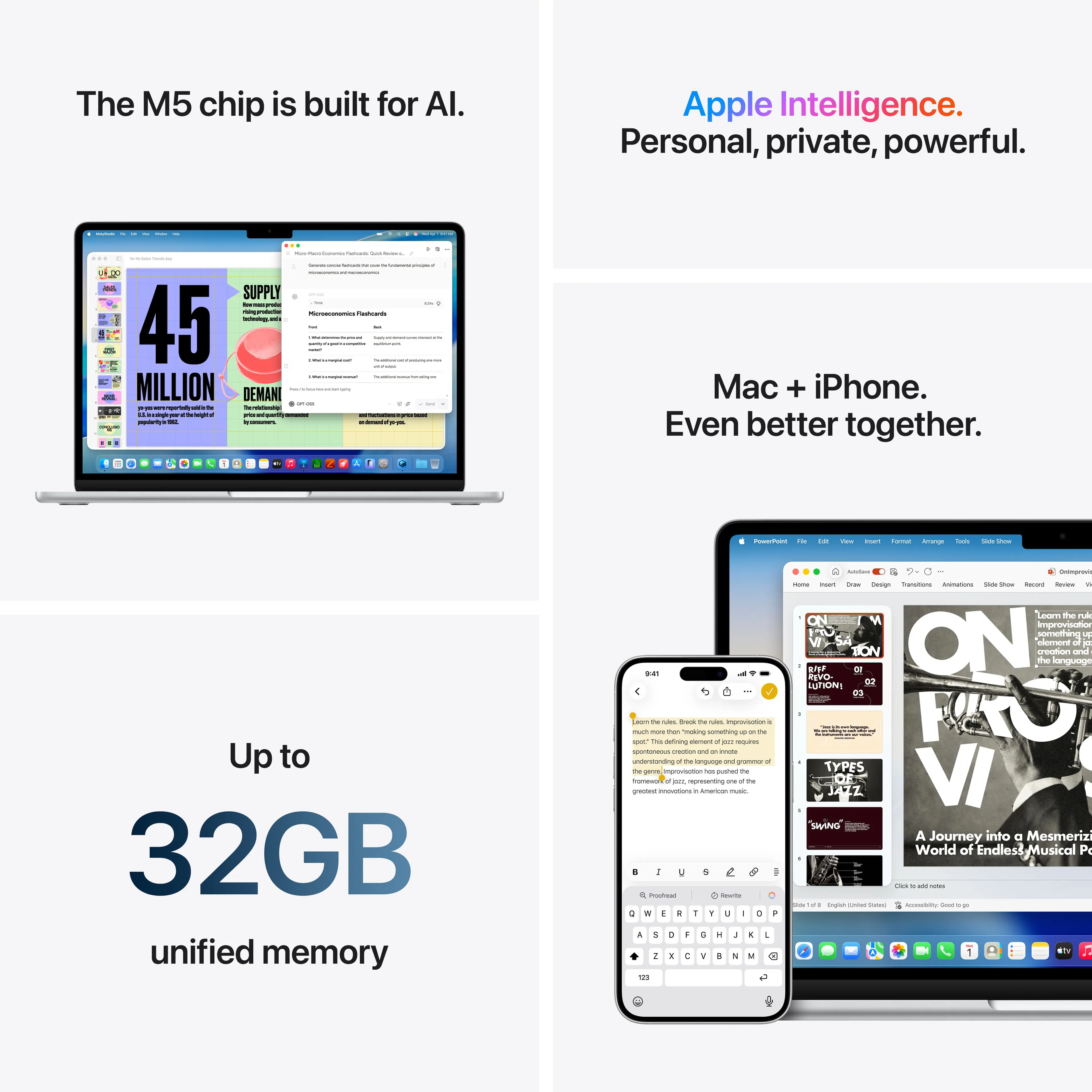 The M5 chip is built for AI.  
Apple Intelligence.  
Personal, private, powerful.  

SUPPLY - 45 MILLION  
DEMAND - Mac + iPhone.  
Even better together.  

Up to 32GB unified memory  

A Journey into the Mesmerizing World of Endless Musical Possibilities