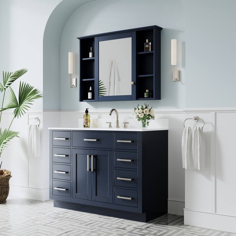 Angle. WELLFOR - 48 in Solid Wood Bathroom Vanity with Sink,2 Soft-Close Doors,9 Drawers&Cultured Marble Countertop,Brushed Nickel Handle - Navy Blue.