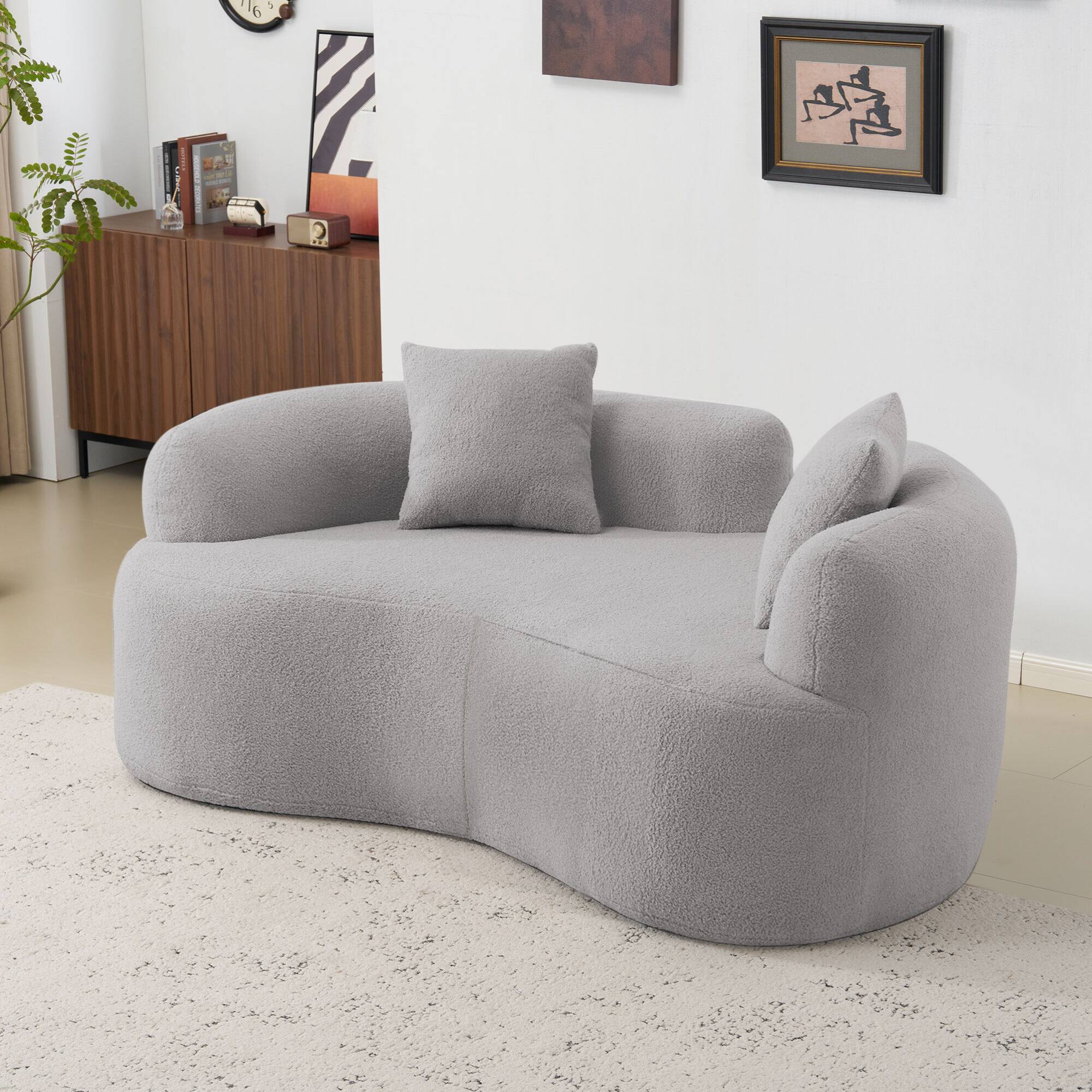Back. GOODSILO - Modern Curved Loveseat Sofa with Teddy Velvet Fabric for Small Spaces and Apartments - Grey.