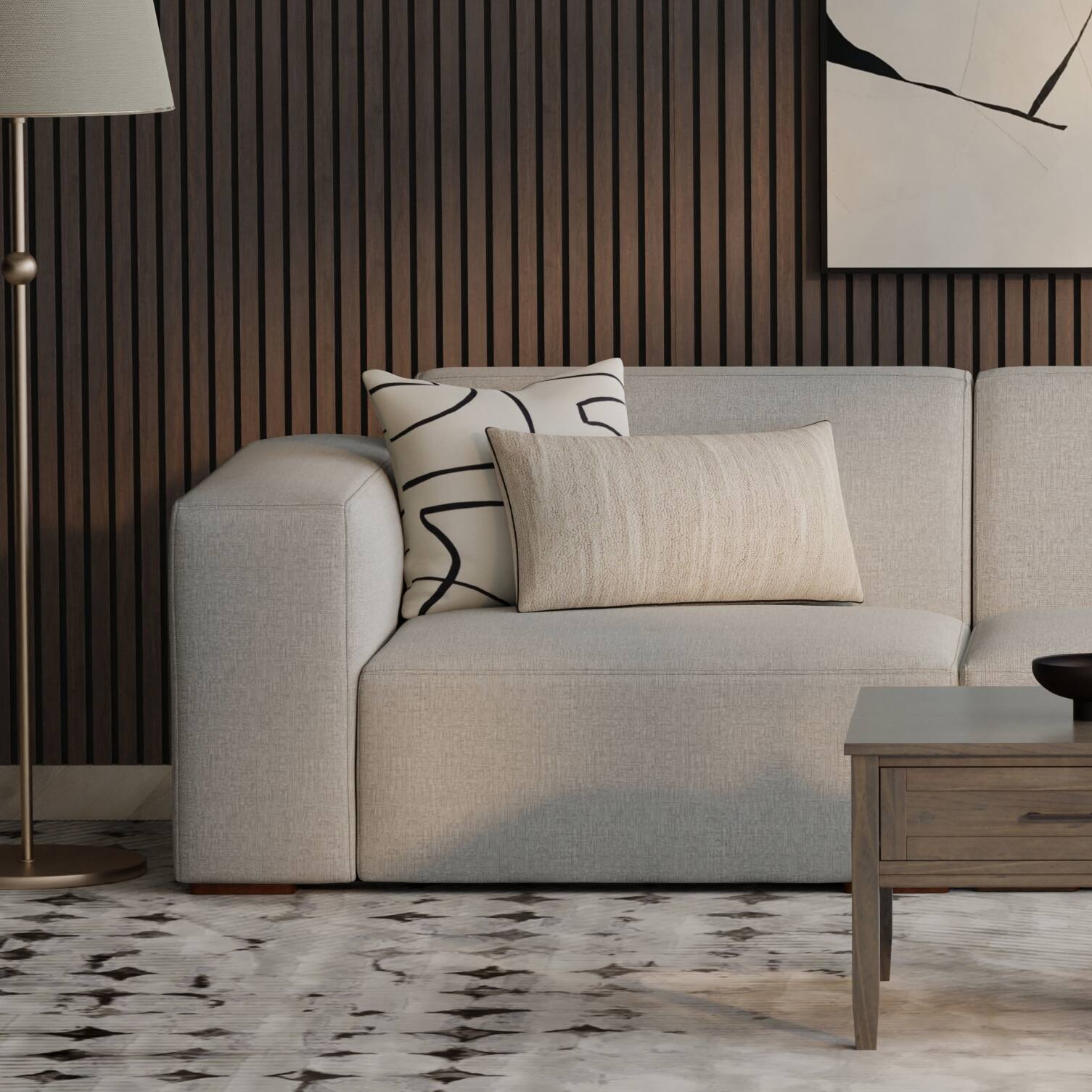 Angle. Simpli Home - Rex Left-Arm Sofa Module in Tightly Woven Performance Fabric - Pale Grey.
