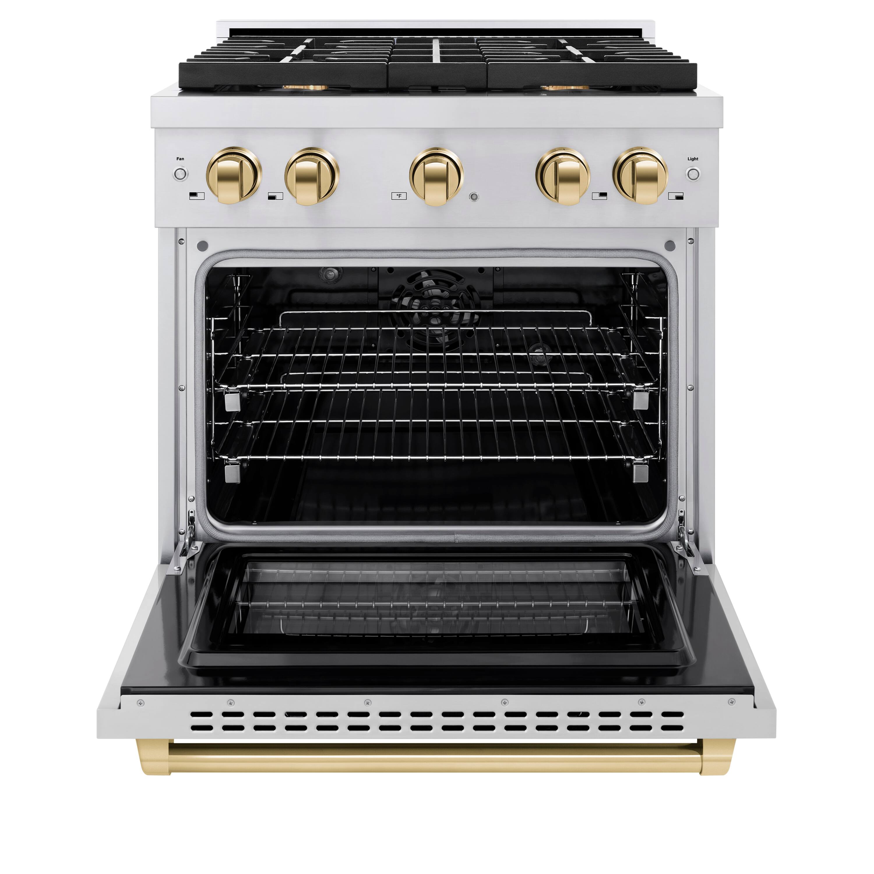 Angle. ZLINE - ZLINE Autograph 30" Paramount Dual Fuel Range w/ 4 Burners & Polished Gold Accents (SDRZ-30-G) - Stainless Steel.