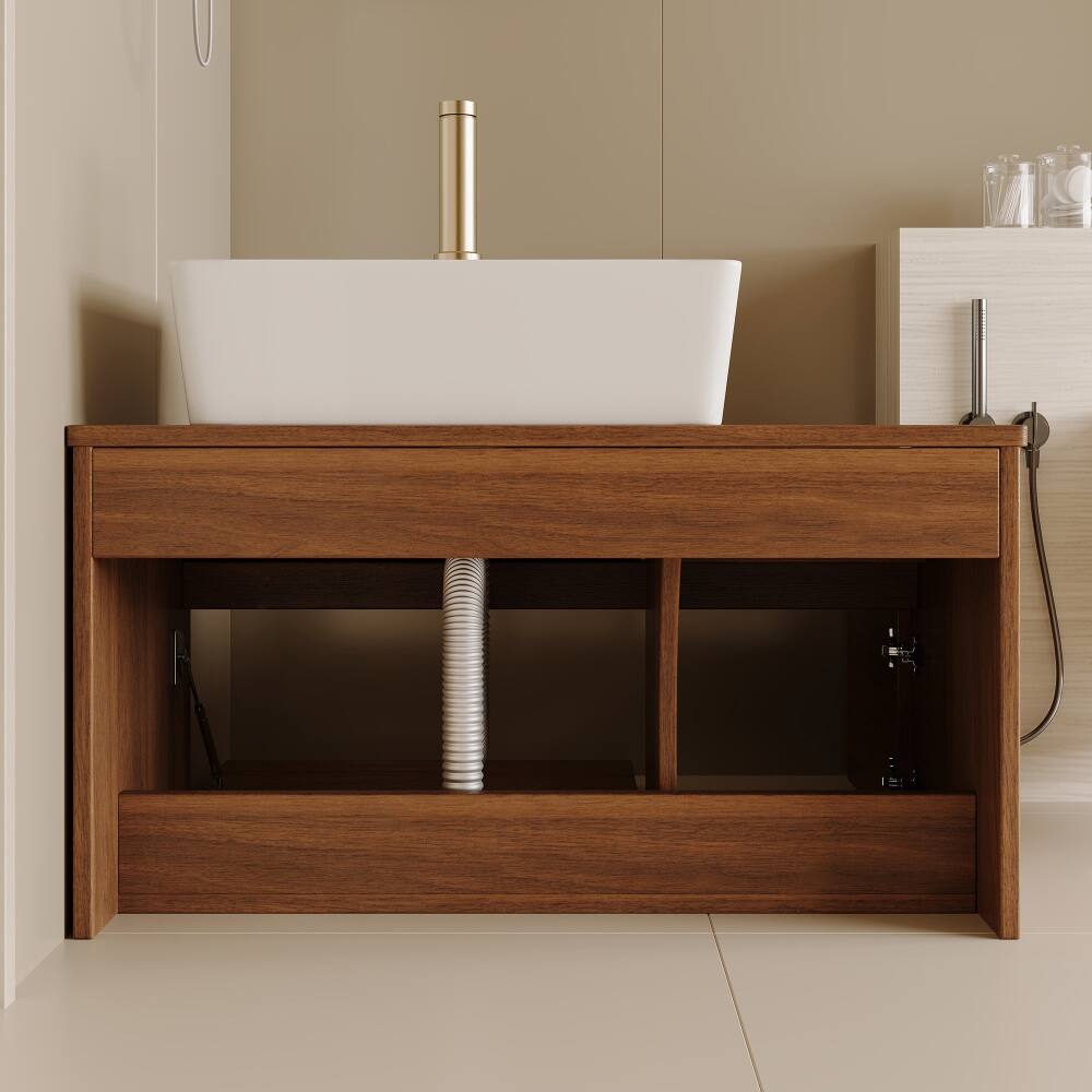 Alt View 3. JUJABU - 31.5 In. Walnut Floating Bathroom Vanity with Ceramic Sink - Walnut.