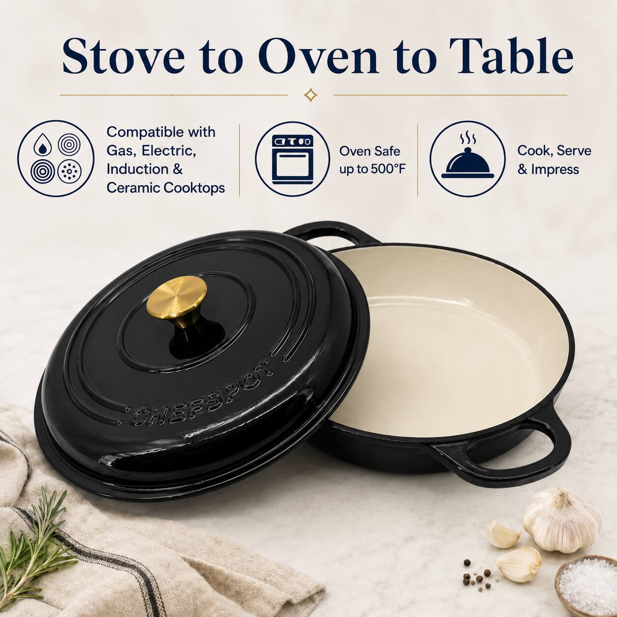 Stove to Oven to Table

Compatible with Gas, Electric, Induction & Ceramic Cooktops

Oven Safe up to 500°F

Cook, Serve & Impress

PRESPOT