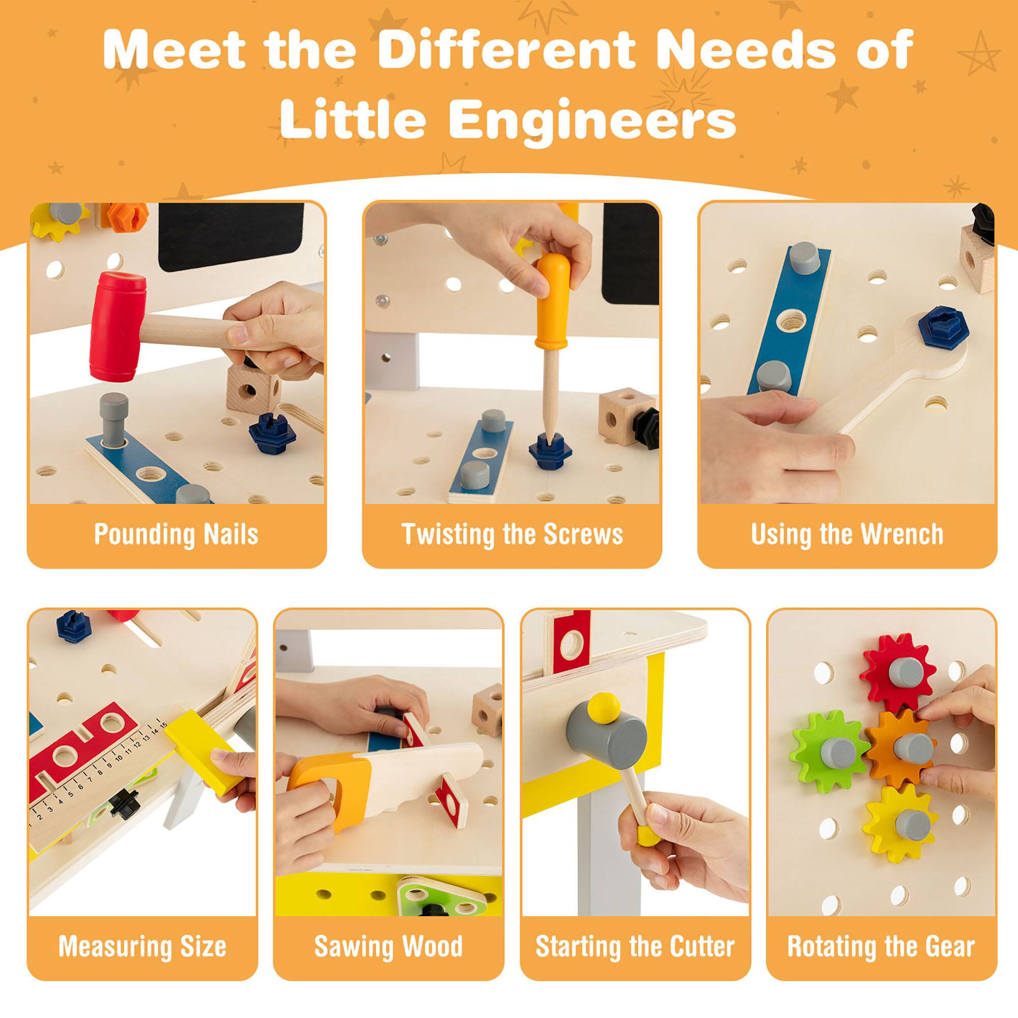 Meet the Different Needs of Little Engineers

- Pounding Nails
- Twisting the Screws
- Using the Wrench
- Measuring Size
- Sawing Wood
- Starting the Cutter
- Rotating the Gear