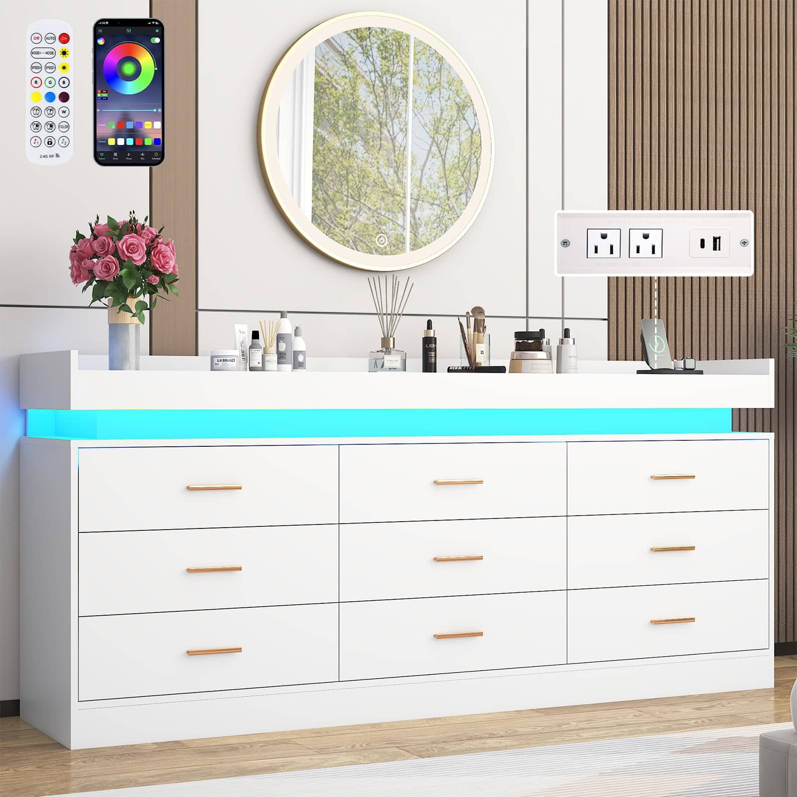 Espafurni - 9 Drawer Dresser with LED Light and Charging Station, 63" Modern Chest of Drawers for Closet, Wide Drawer Organizer Cabi - White