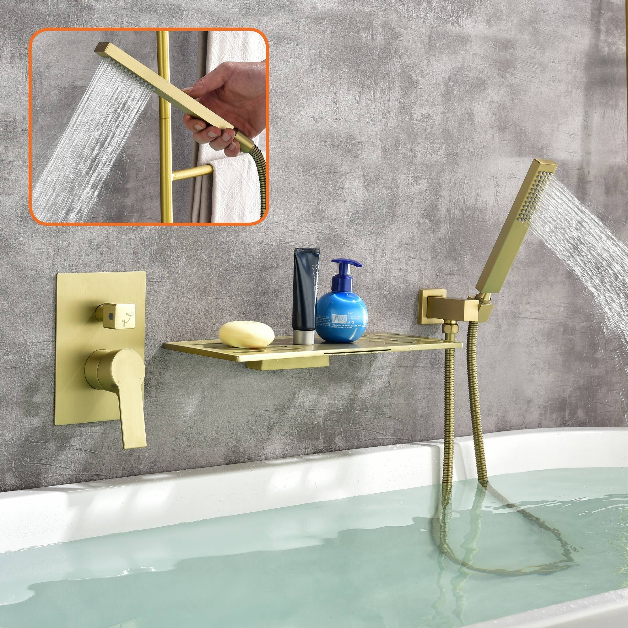 Alt View 4. Boyel Living - Brushed Gold Wall Mount Bathtub Faucet Brass SUS304 2-Function Valve Handheld 60-Inch Steel Hose cUPC - Brushed Gold.