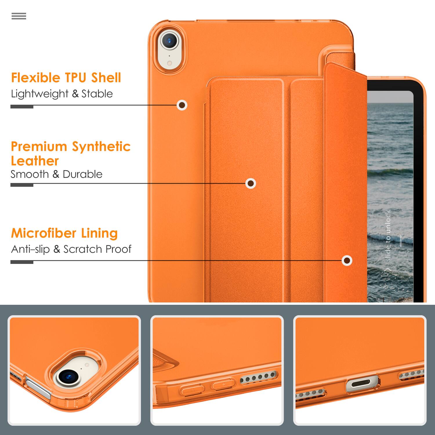 Flexible TPU Shell  
Lightweight & Stable  

Premium Synthetic Leather  
Smooth & Durable  

Microfiber Lining  
Anti-slip & Scratch Proof