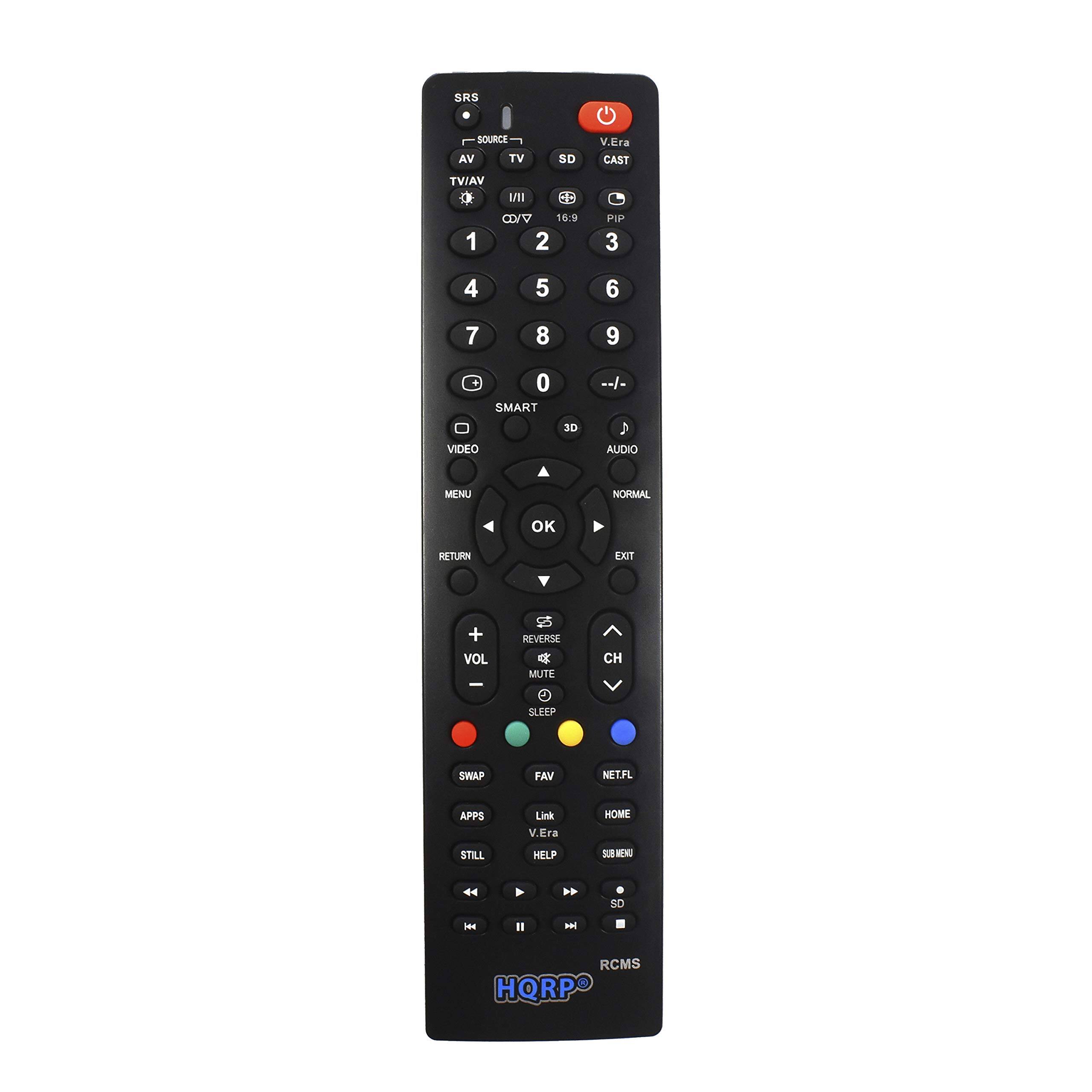 SRS SOURCE AV TV SD V.Era CAST VAIVT D INI BB CD/V 1 2 C PIP 3 4 5 6 7 8 9 0 SMART VIDEO 3D --/- AUDIO MENU NORMAL OK RETURN EXT + VOL I REVERSE C MUTE CH SLEEP SWAP FAV NETFL APPS Link V.Era HOME STILL HELP SUES 4 A . 5O i I RCMS HQRP