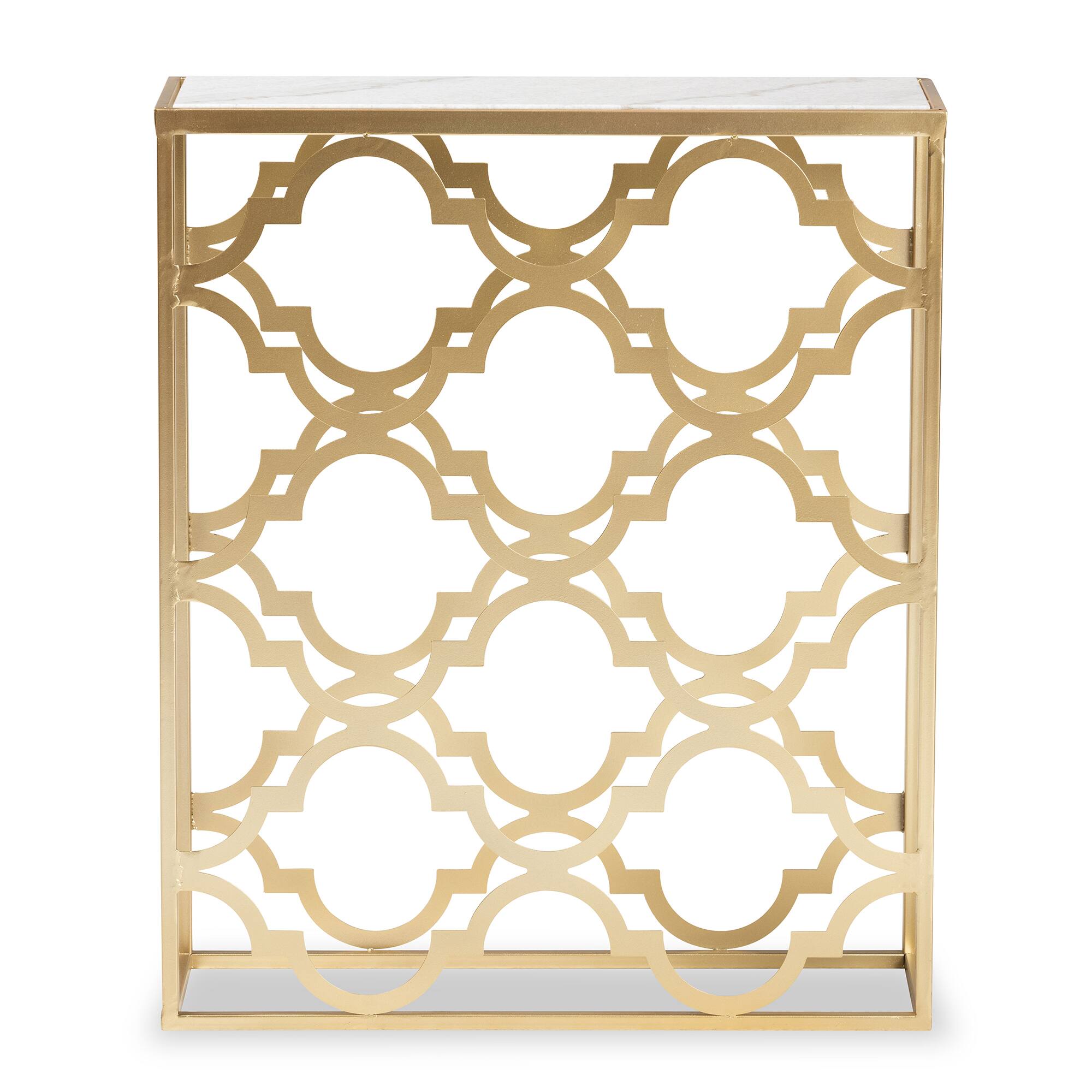 Angle. Baxton Studio - Calanthe Modern and Contemporary Finished Metal Console Table with Marble Tabletop - Marble White/Gold.