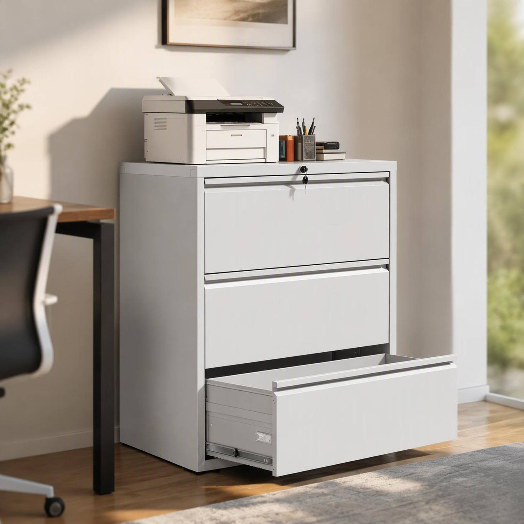 Front. RYHNUYNE - 35.4 In Rectangle Metal Lateral File Cabinet With Lock And Anti-Tip Kit For Home Office.