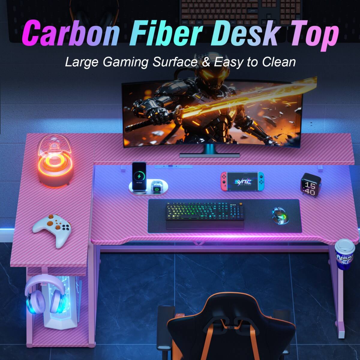 Carbon Fiber Desk Top  
Large Gaming Surface & Easy to Clean
