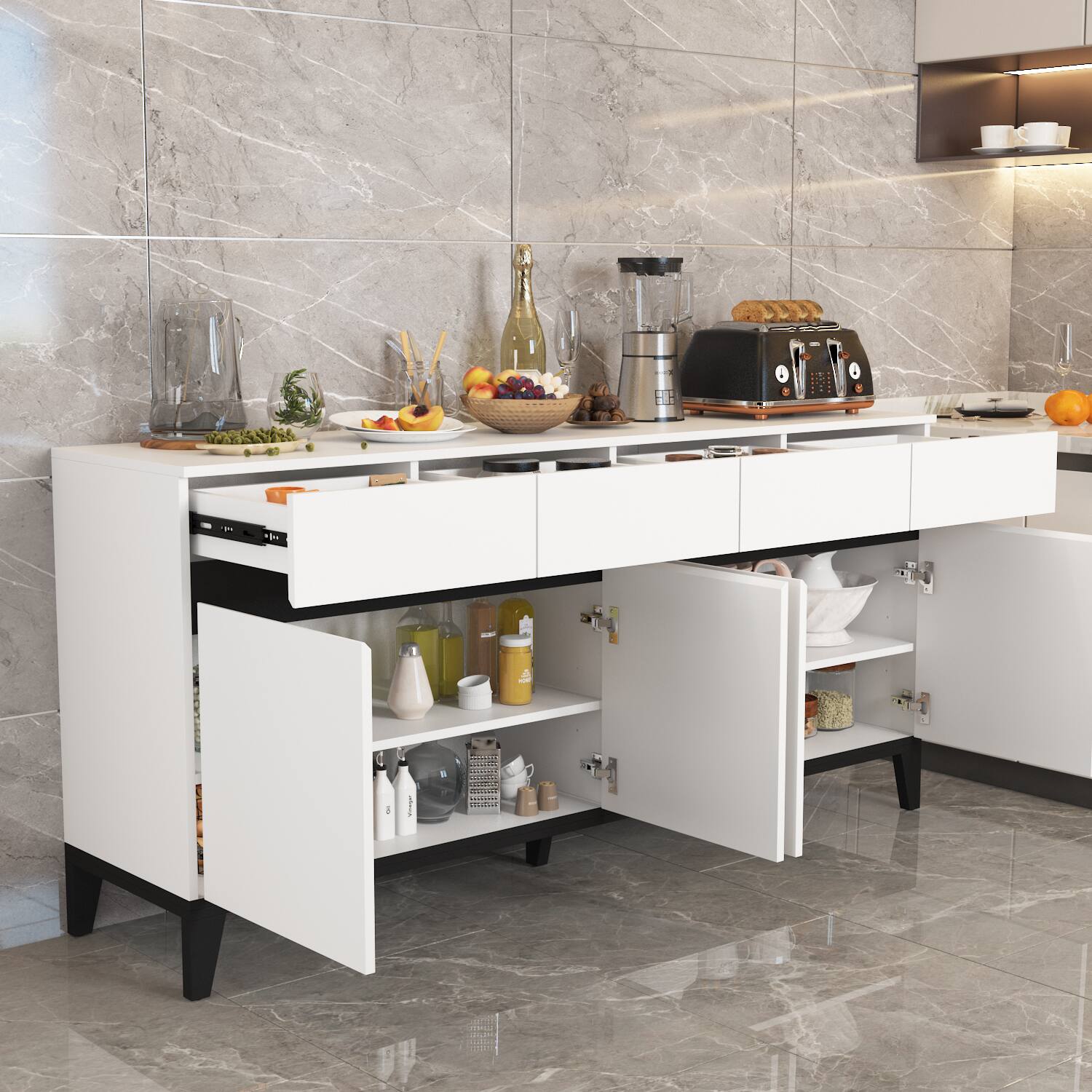 Alt View 1. FUFU & GAGA - Modern Buffet Sideboard Cabinet with Drawers and Adjustable Storage for Dining Room Kitchen and Living Room - White.