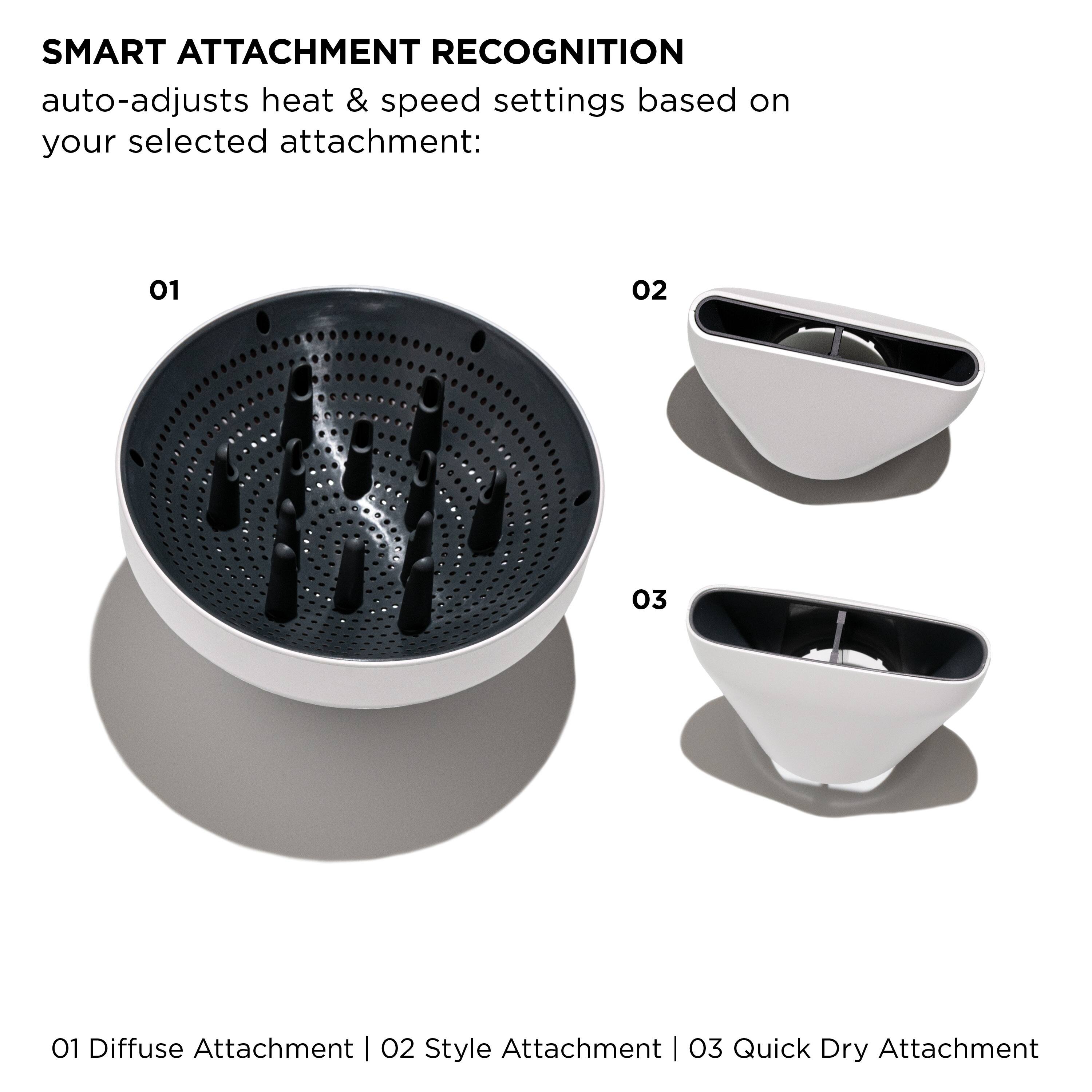 The image features a smart attachment recognition system that adjusts heat and speed settings based on the selected attachment. There are three attachments shown in the image, each with a corresponding number: 01 Diffuse Attachment, 02 Style Attachment, and 03 Quick Dry Attachment. The image also includes a bowl and a sink, which are part of the smart attachment recognition system.