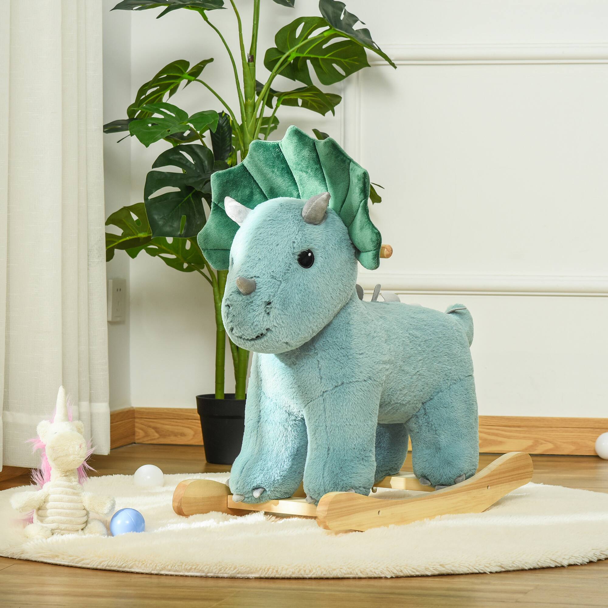 Angle. Siljoy - Triceratops Rocking Horse with Sound, Plush Toy, 99lb Load, Dark Green, Ages 3-6 - Green.