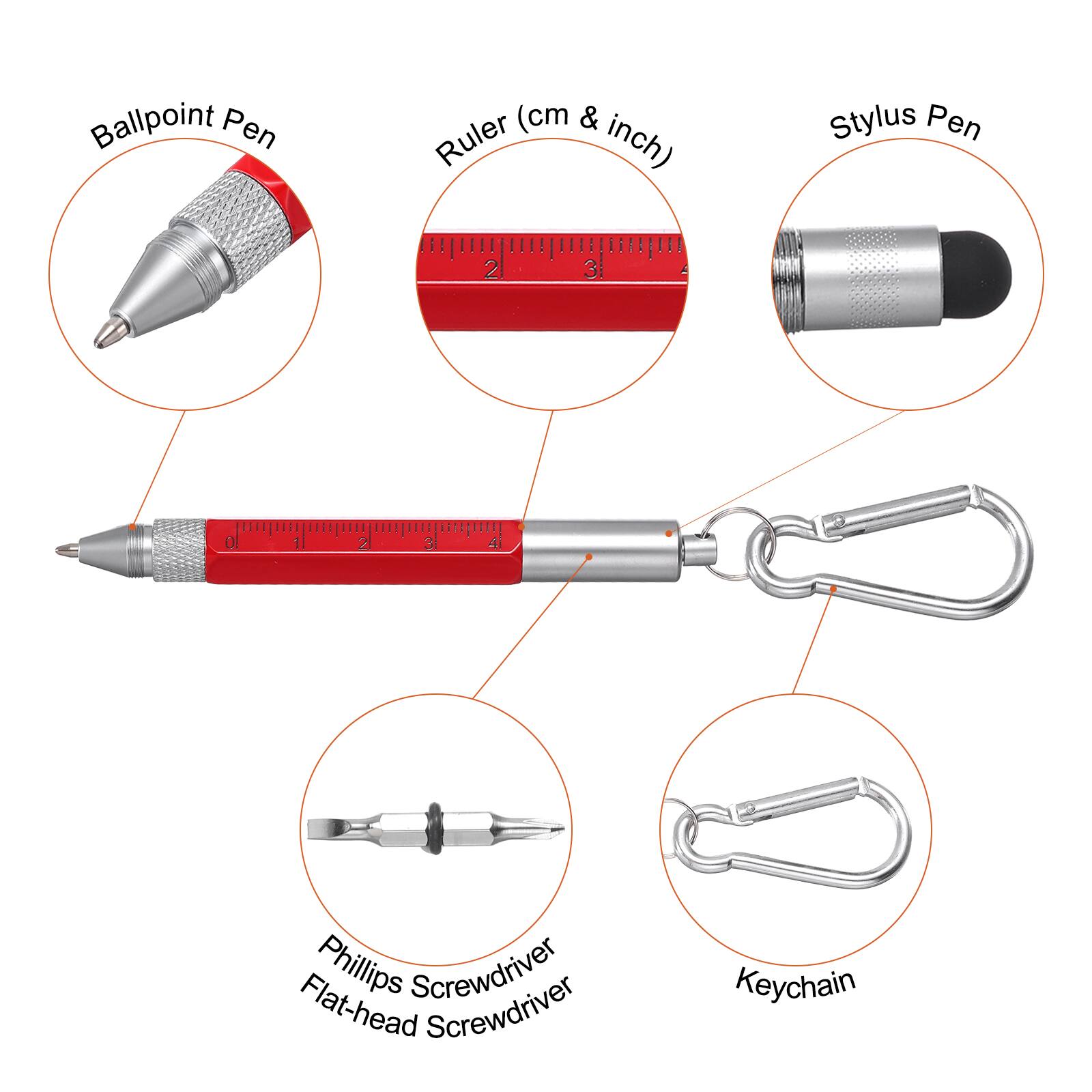 Ballpoint Pen  
Ruler (cm & inch)  
Stylus Pen  
Phillips Screwdriver  
Flat-head Screwdriver  
Keychain