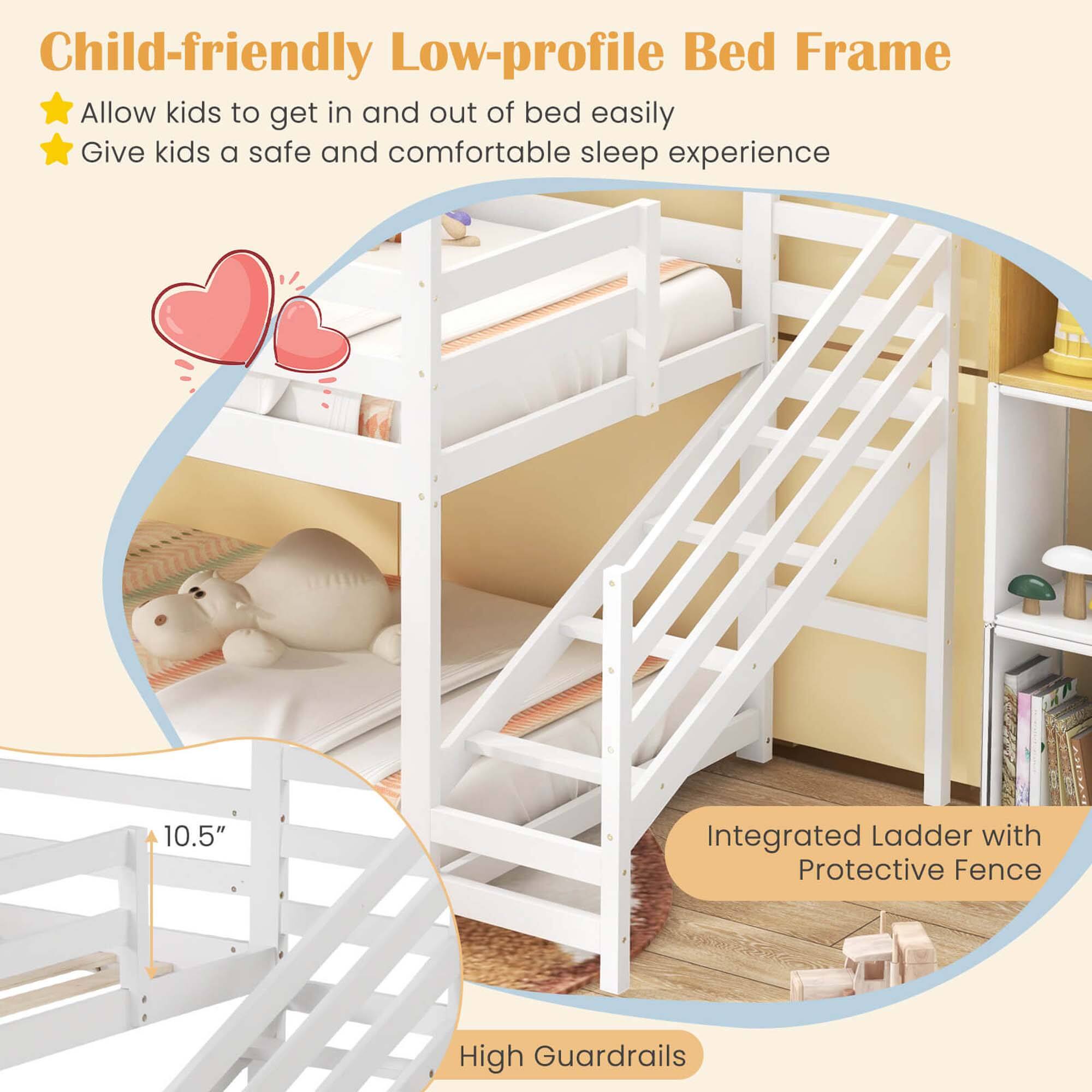 Child-friendly Low-profile Bed Frame: Allow kids to get in and out of bed easily. Give kids a safe and comfortable sleep experience. 10.5" Integrated Ladder with Protective Fence: High Guardrails.