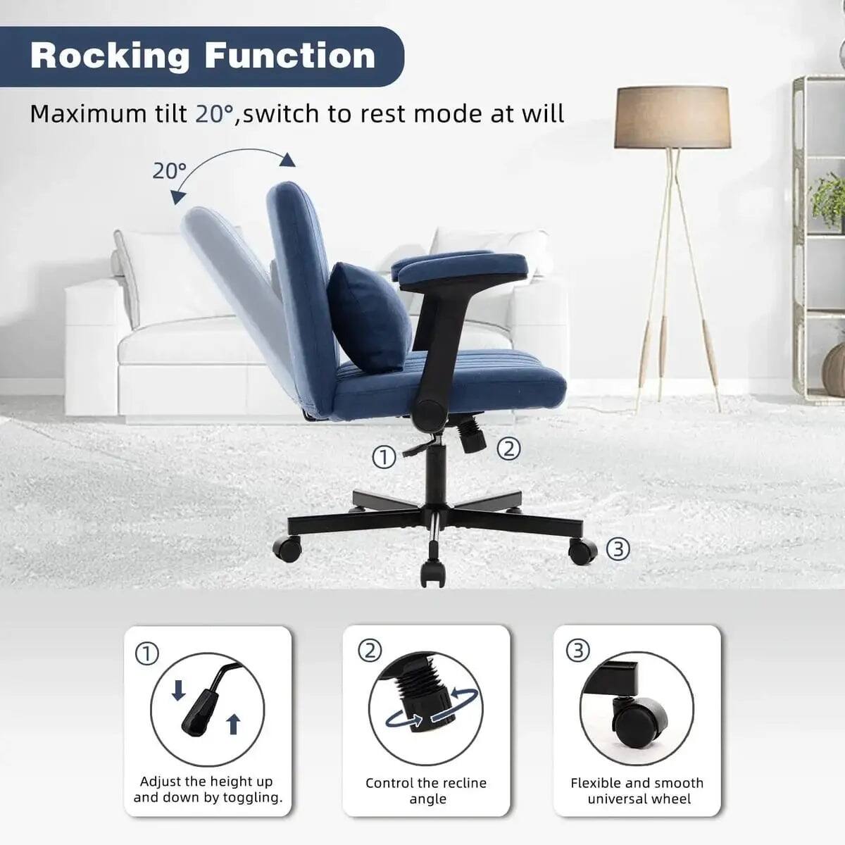 Rocking Function  
Maximum tilt 20°, switch to rest mode at will  

1. Adjust the height up and down by toggling.  
2. Control the recline angle  
3. Flexible and smooth universal wheel