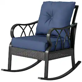Outsunny - Wicker Rocking Chair with Padded Cushions, Aluminum Furniture, Rattan Porch Rocker Chair w/ Armrest - Navy Blue