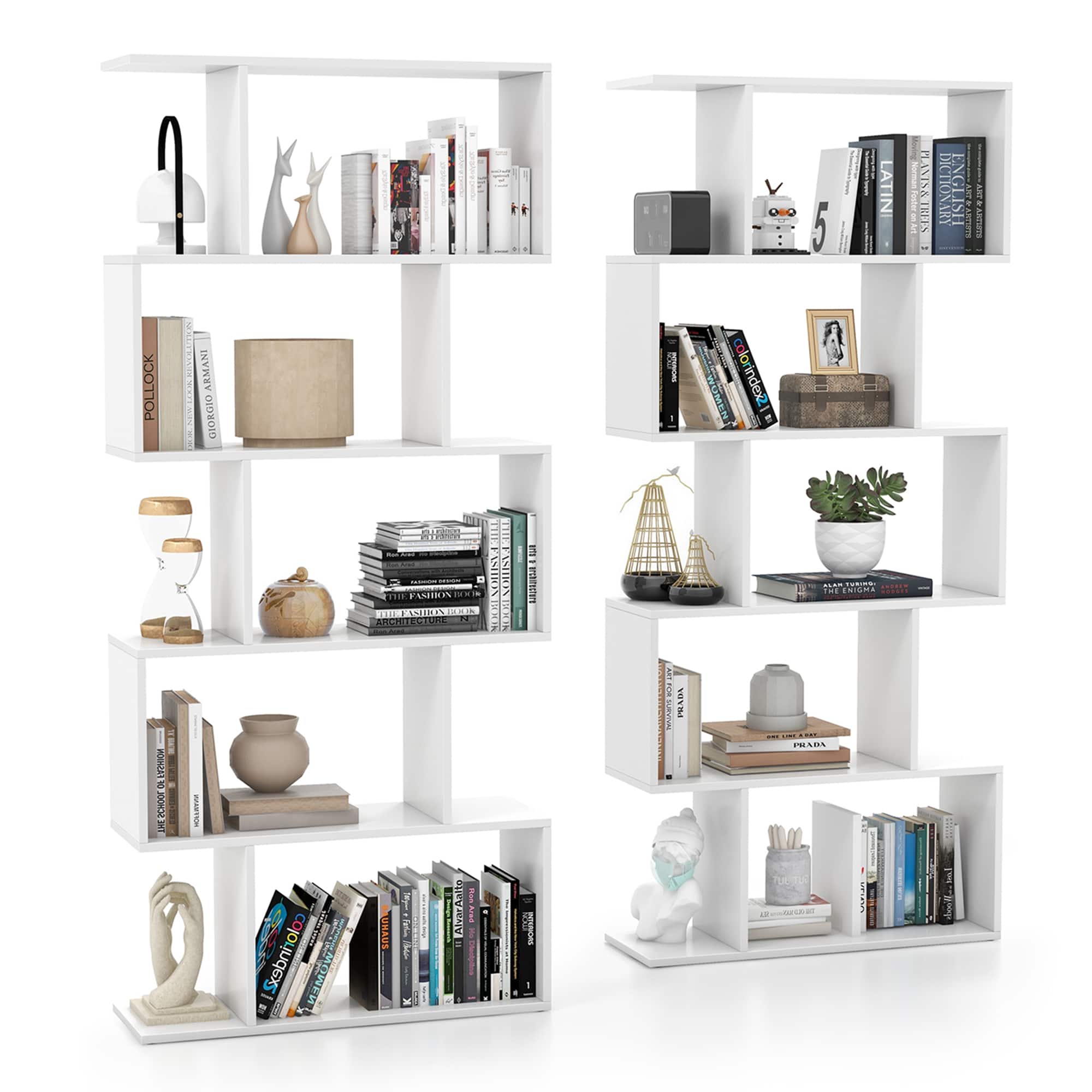 Costway - 2 PCS 5-Tier Bookshelf Geometric S-Shaped Bookcase Room Divider Storage Display - White