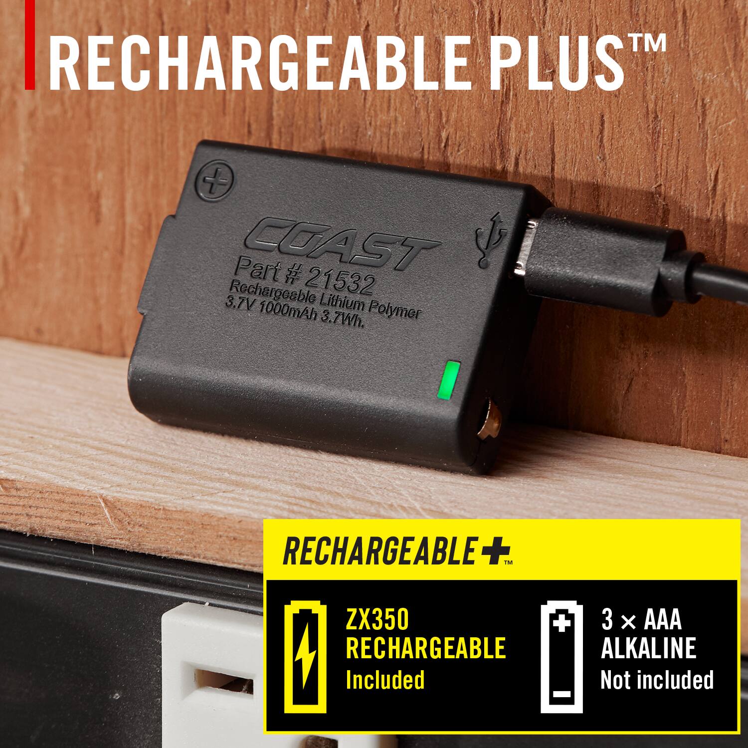 RECHARGEABLE PLUS™  
Part # 21532  
Rechargeable Lithium Polymer  
3.7V 1000mAh 3.7Wh  

RECHARGEABLE+  
ZX350  
3 x AAA RECHARGEABLE ALKALINE Included  
Not included