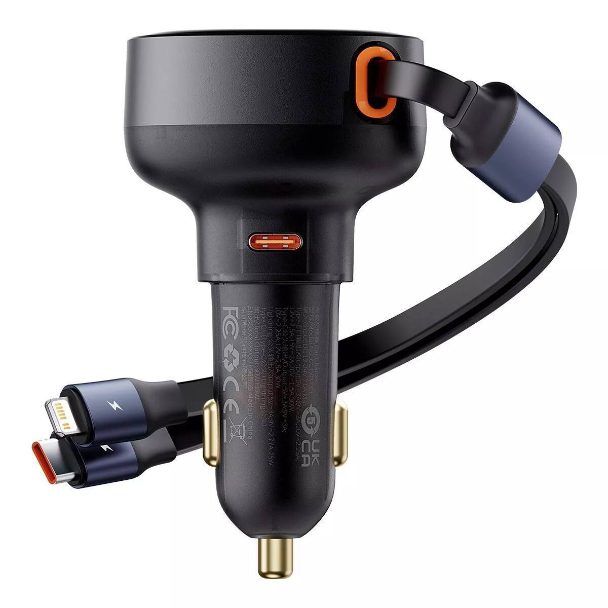 Baseus - Enjoyment Pro Car Charger C + Retractable C & iP Cable 60W Cluster - Black