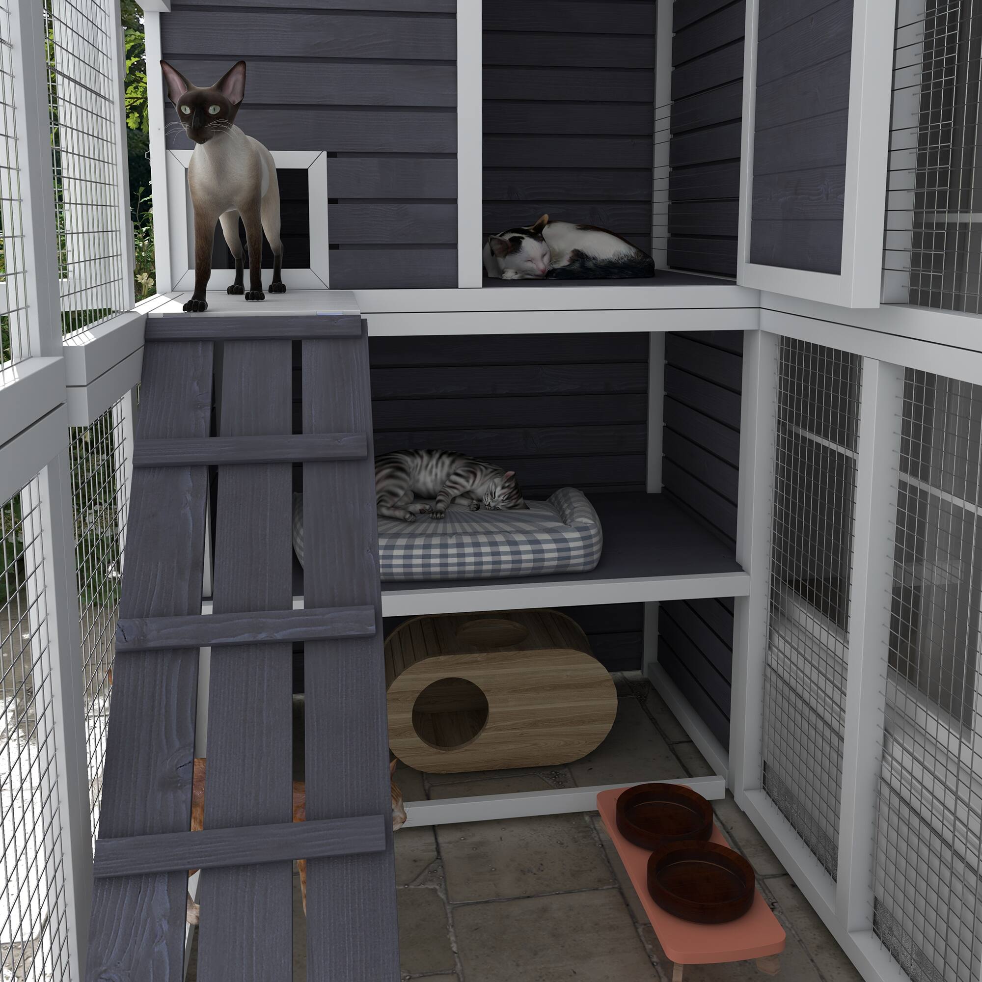 Alt View 5. Pawhut - Catio Outdoor Cat Enclosure, Wooden Patio Cat Window Box with Platforms, Waterproof Asphalt Roof, Ramps, 77" L.
