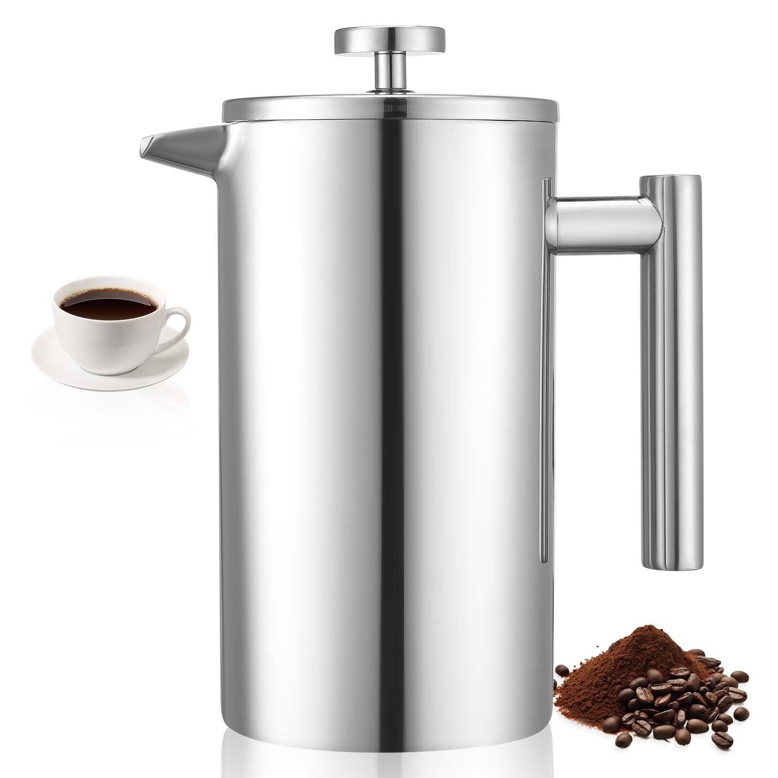 Glintex - 34 oz Stainless Steel French Press Coffee Maker, Double Wall Insulated Coffee & Tea Press w/ Filter - Silver