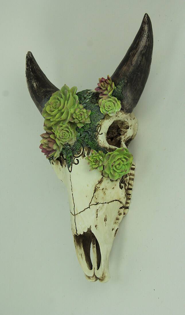 Alt View 1. Zeckos - Aged Bull Skull with Succulent Plants Hanging Statue - White.