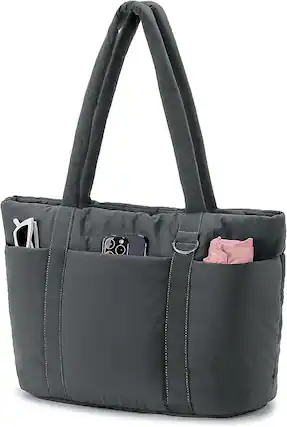 Front. Vulpecula Spade - Multi Pocket Tote Bag for Women, Large Puffy Shoulder Purse Handbag with Compartments for Travel,Work - Grey.