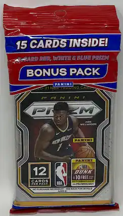 15 CARDS INSIDE!
3-CARD RED, WHITE & BLUE PRIZM
BONUS PACK
PANINI 20-21 NBA TRADING CARD
PANINI PRIZM
ZION WILLIAMSON
NEW ORLEANS
12 CARDS PER PACK
NBA DUNK
10 FREE DUNKS
NO PURCHASE NECESSARY - SEE BACK FOR DETAILS
AGES 9+