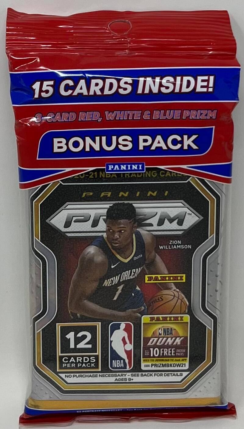 15 CARDS INSIDE!  
3-CARD RED, WHITE & BLUE PRIZM  
BONUS PACK  
PANINI 20-21 NBA TRADING CARD  
PANINI PRIZM  
ZION WILLIAMSON  
NEW ORLEANS  
12 CARDS PER PACK  
NBA DUNK  
10 FREE DUNKS  
NO PURCHASE NECESSARY - SEE BACK FOR DETAILS  
AGES 9+