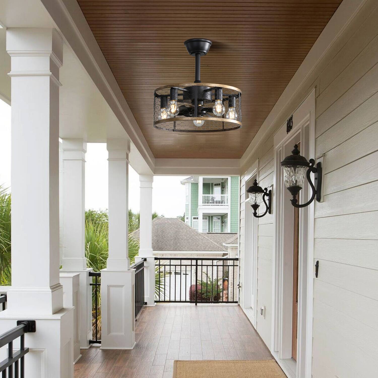 Alt View 1. Akoasm - 20" Black Cage Ceiling Fan with Remote & Light, 7 ABS Blade Industrial Fan, DC Motor with Timer.