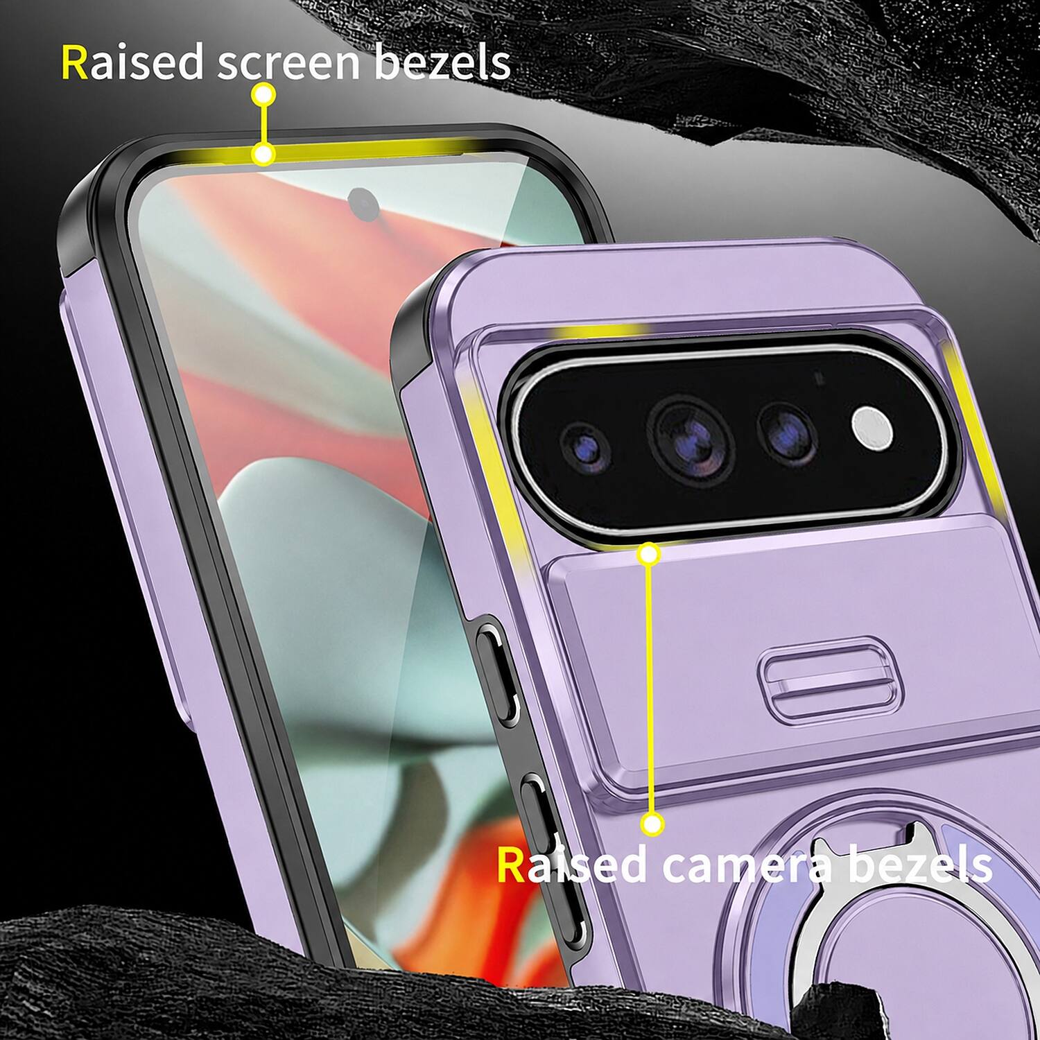 Raised screen bezels  
Raised camera bezels