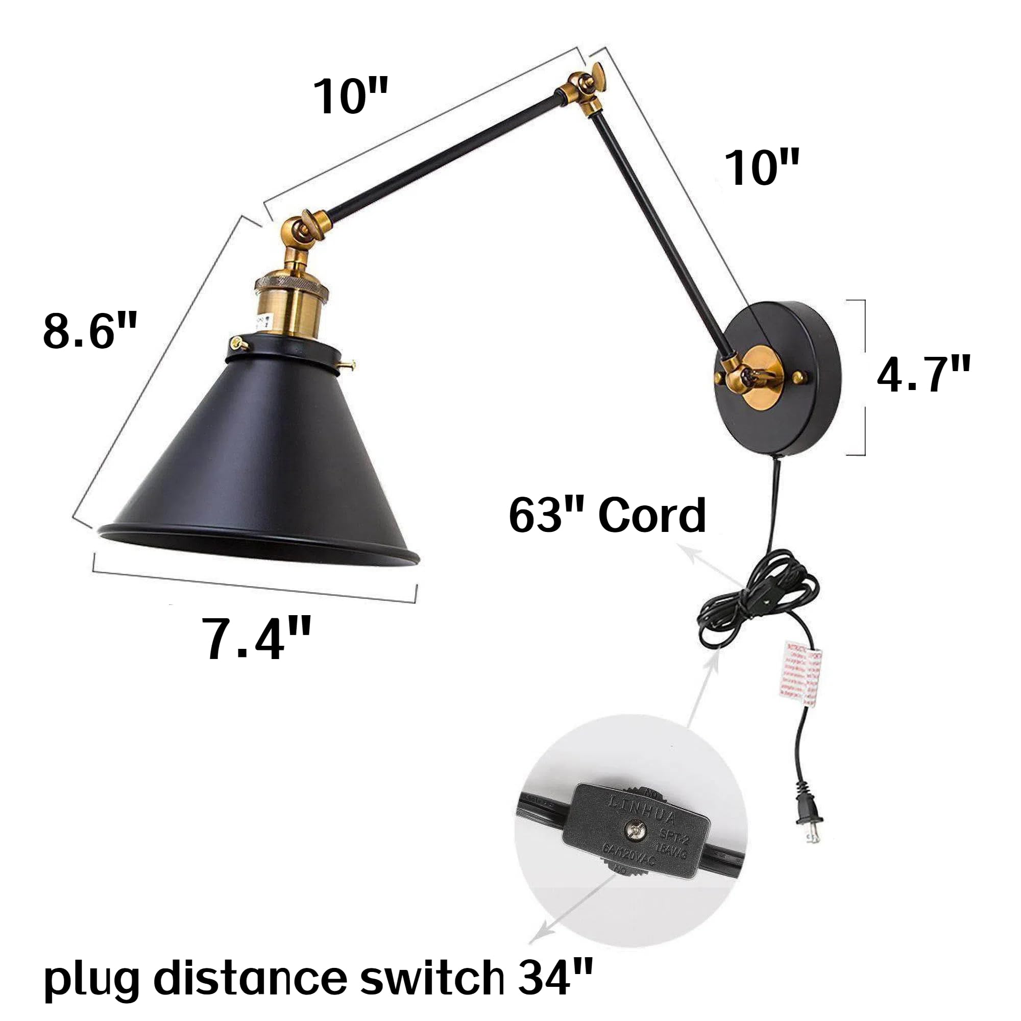 - 10"
- 8.6"
- 7.4"
- 10"
- 4.7"
- 63" Cord
- 34" plug distance switch