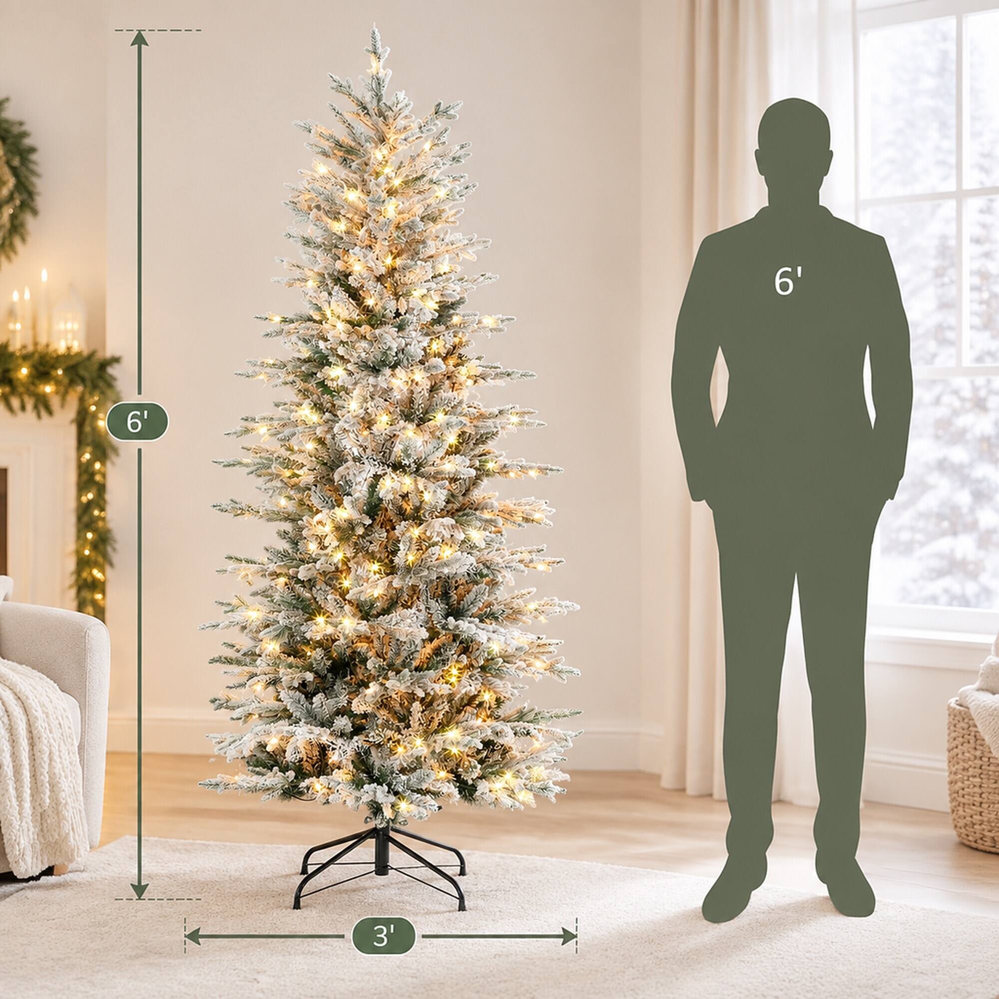 Alt View 3. RYHNUYNE - Artificial Flocked Christmas Tree With Snow Branches, Warm Yellow Clear Lights Auto Open Hinged Holiday Decor - Green.